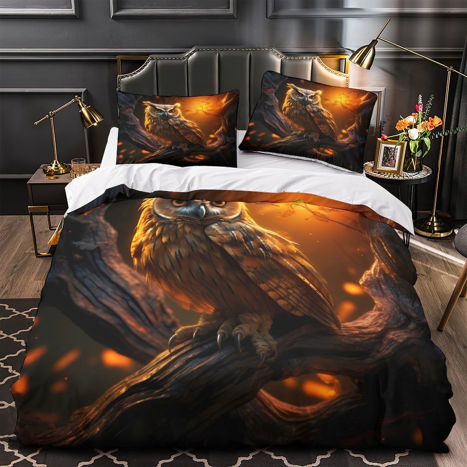 Housse de couette 3D imprimée motif hibou perche parure de lit microfibe hypoallergique 140x200