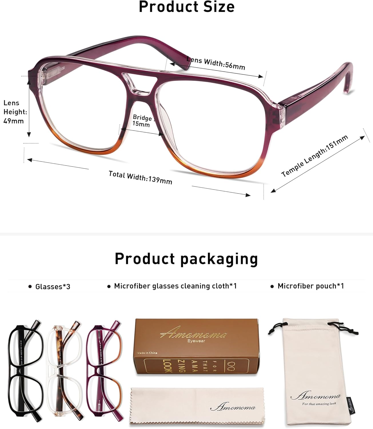 AMOMOMA 3 Pack Oversized Aviator Spring Hinge Reading Glasses for Women Men,Retro Blue Light Computer Reader Frame AM6081 - Image 6