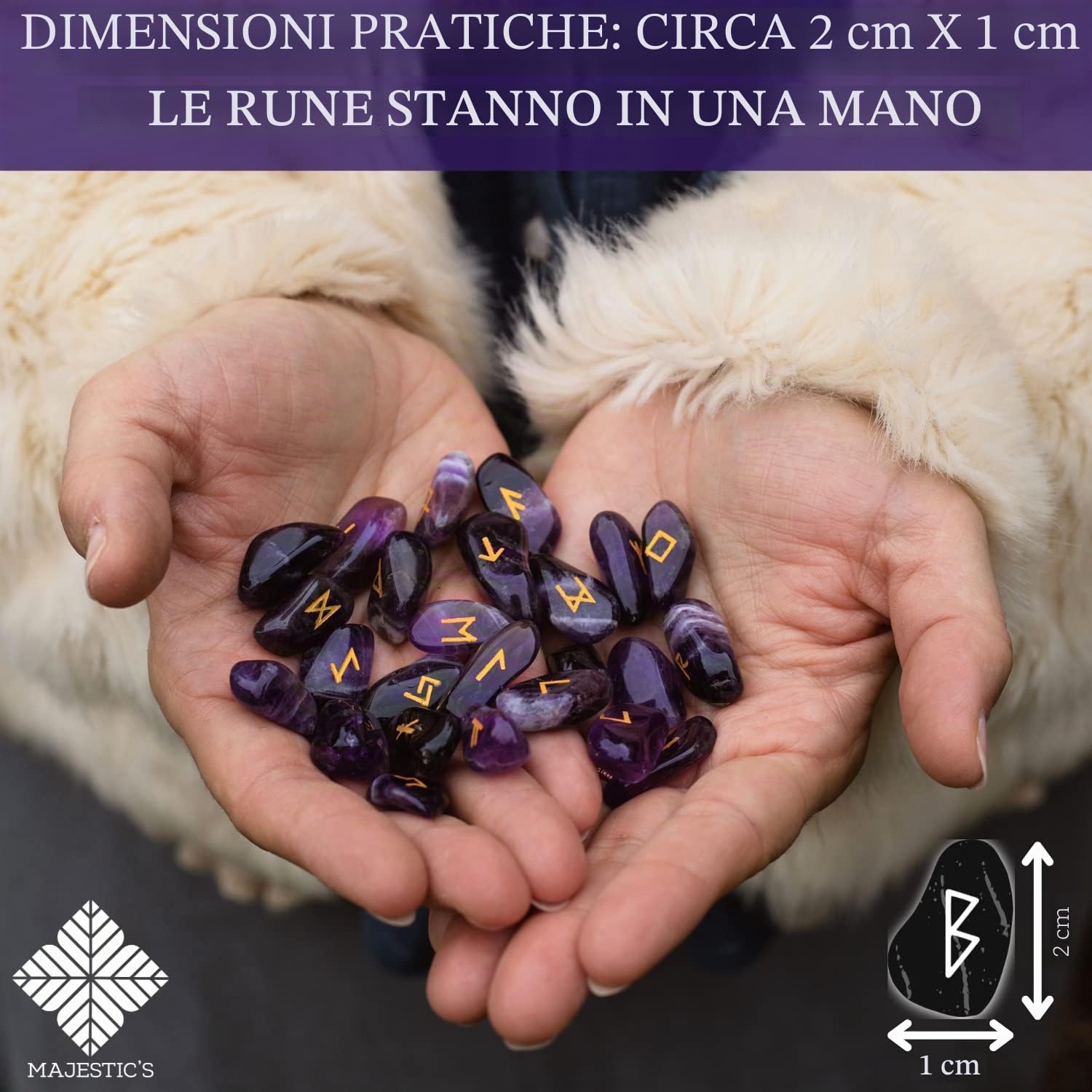 Rune Celtiche Vichinghe Ametista, Set x25 Pietre Lucide Semi Preziose Incise (2 cm x 1 cm) + Sacchetto Nero + Libro Pratico (PDF) - Alfabeto runico Futhark per divinazione e cartomanzia, Oracolo