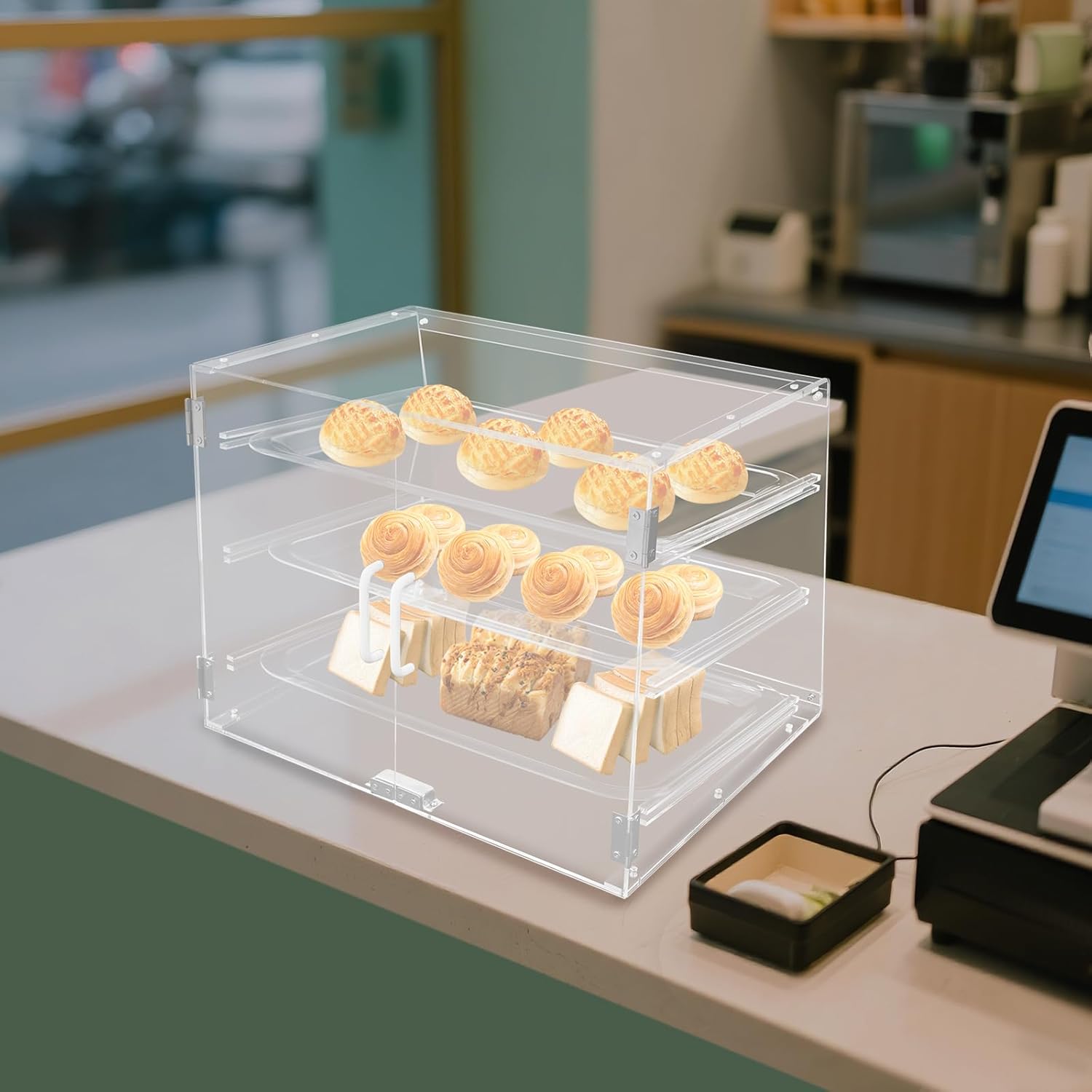 Acrylic Bakery Display Case, Countertop 3 Tier Pastry Display Case Tray, 17”D x 21”W x 15”H Clear Showcase for Bread Pastry Desserts Food Cookie, Commercial Display Box for Baking