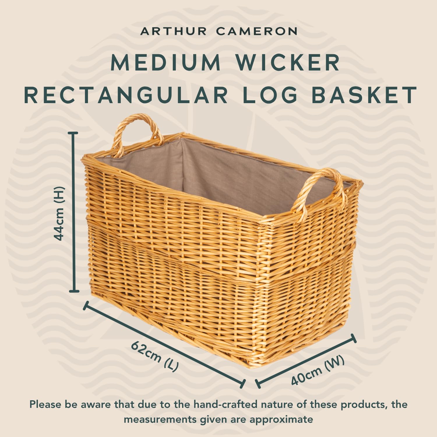 Panier de luxe rectangulaire en osier avec doublure et poignées (moyen, naturel)