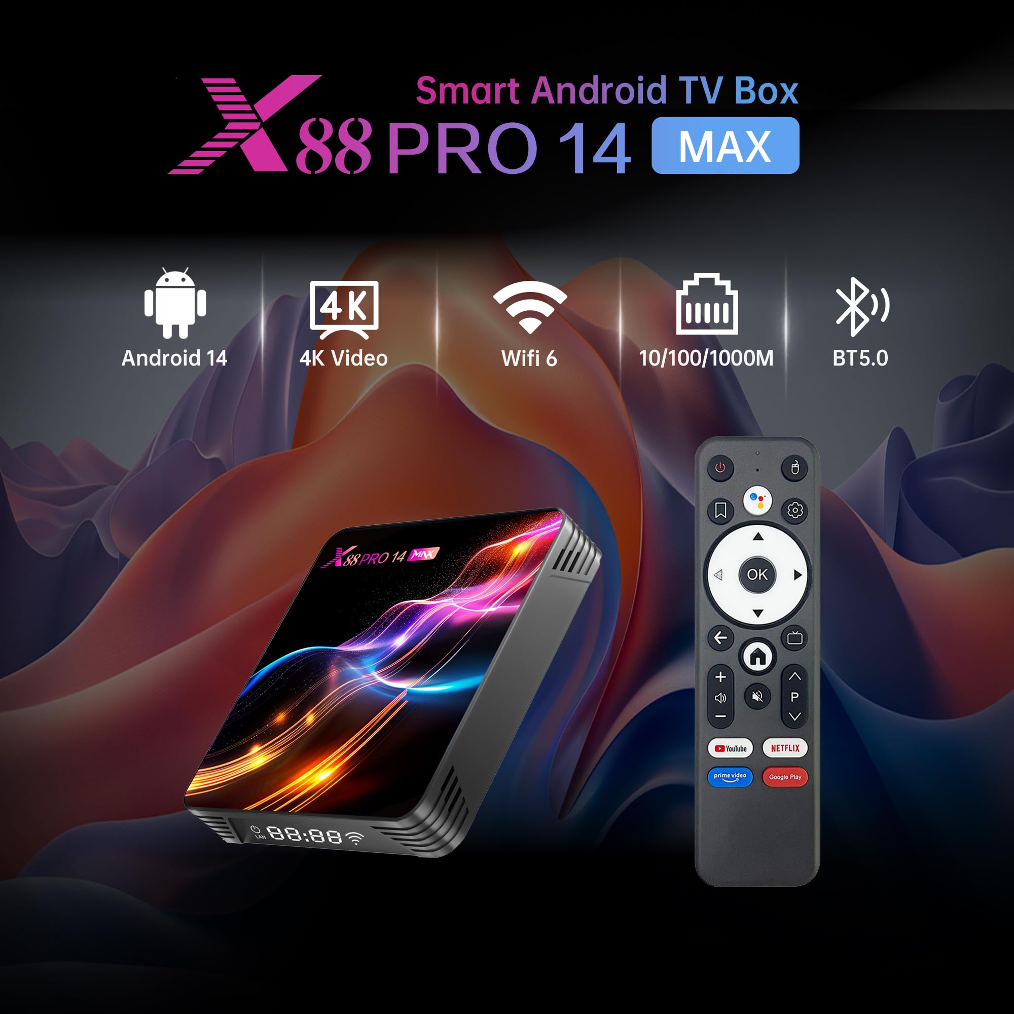 RUPA Android TV Box 14.0, 2026 8K Android Box con RAM 4G ROM 32G Rockchip RK3528 WiFi6 Enternet 10/100M Bluetooth 5.0 HDR10 HDMI2.1 3D HD Smart TV Box Media Streaming Clients X88 PRO14 MAX