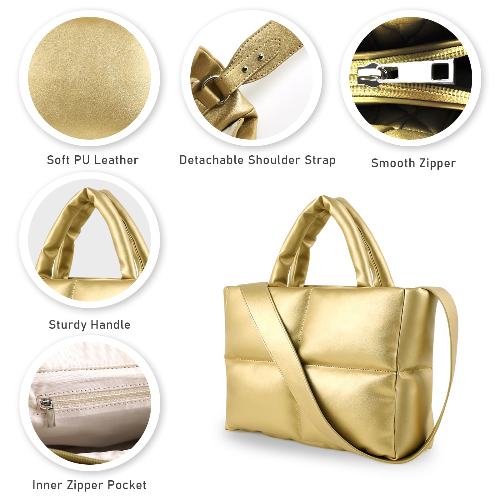 CANOX acolchado bolsos de mano, bolso de hombro de cuero de la PU Puffer Tote Bag con cremallera, Crossbody bolso de hombro Hobo Bag para las mujeres