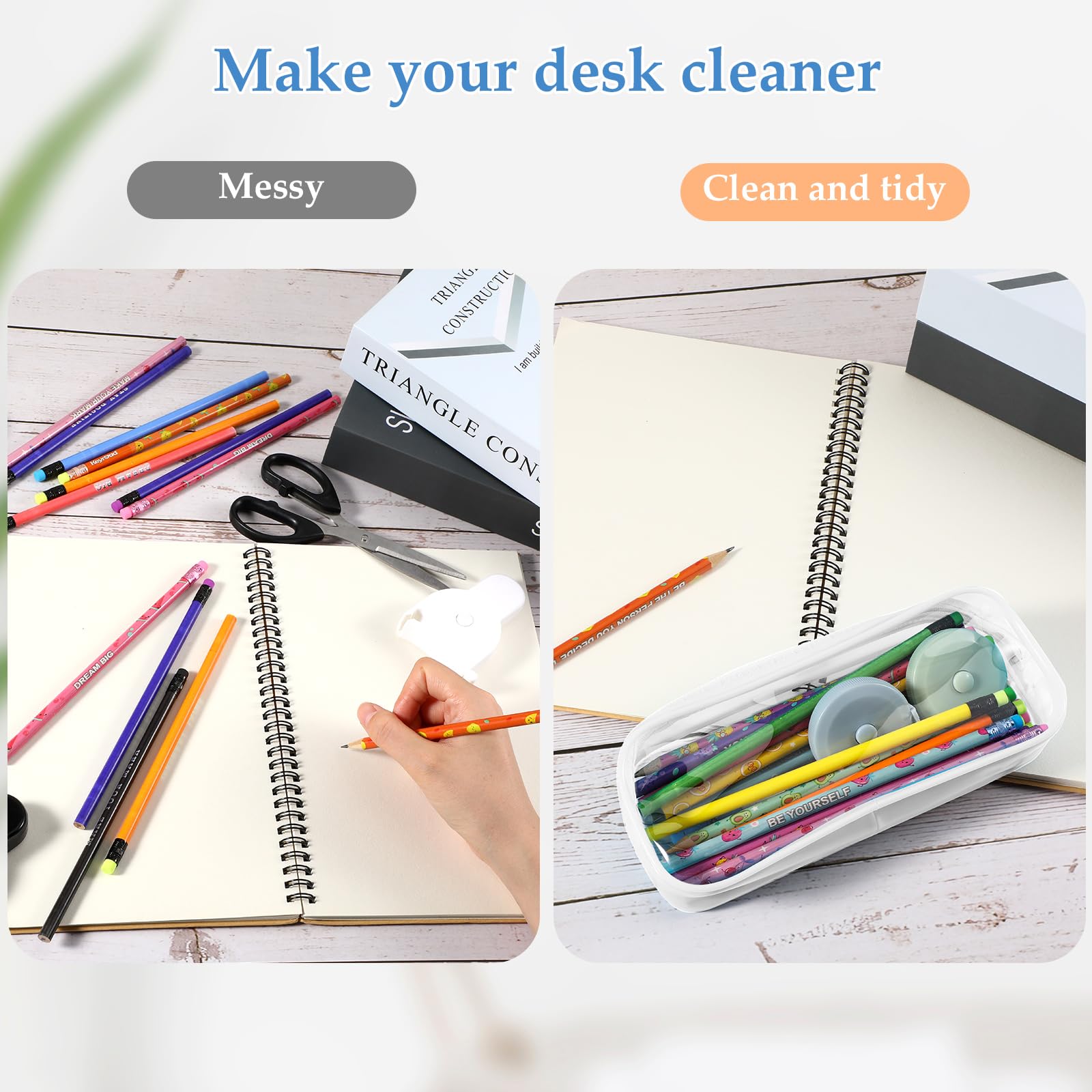 Fulmoon 30 Pcs Pencil Case Clear PVC Zipper Durable and Thick Pencil Bag Makeup Pouch Clear Zipper Pen Pouches Clear Pencil Case for Pencils Cosmetics (Black, White, Blue, Pink)