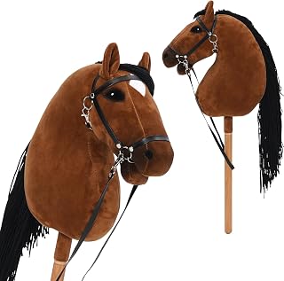 Giocattolo Cavallo Hobby per Bambini, Cavallo Peluche Artigianale su Bastone con Bastone di Legno Robusto per Bambini Piccoli e Bambini, Giocattolo Cavallo per Gioco di Finzione (Marrone)
