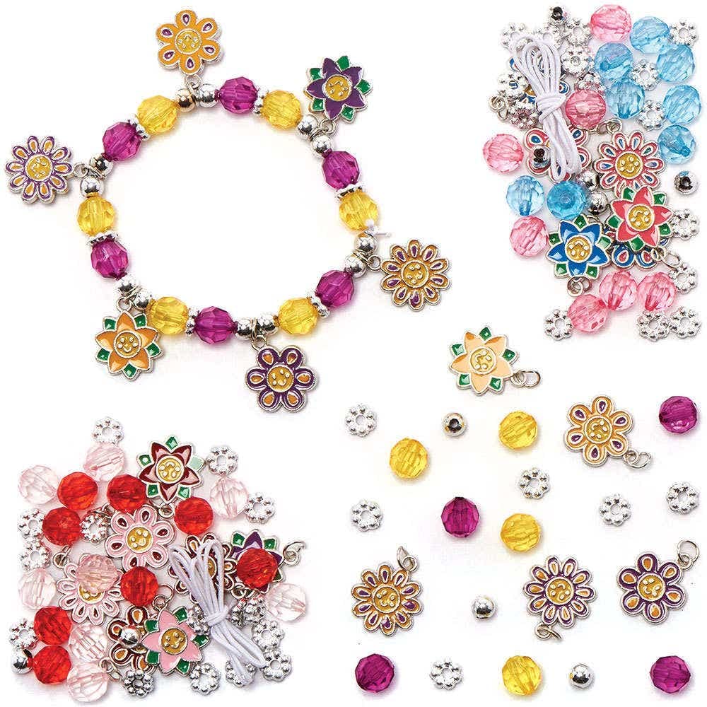 Baker Ross FC739 Flower Charm Bracelet Kits - Pack of 3, Perfect Jewellery Making Kit for Girls and Bead Crafts for Kids, Orange,Blue,Red,Pink,Purple