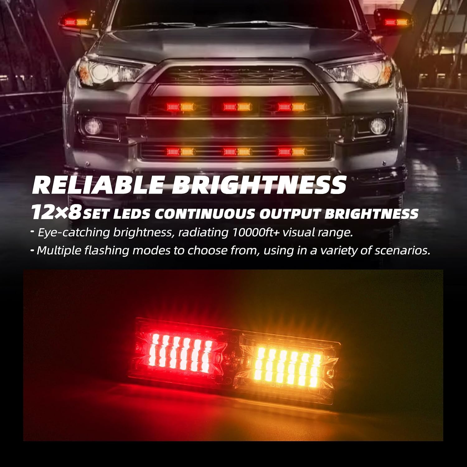 8-pcs Amber Red LED Emergency Flashing Warning Strobe Lights, Sync Feature Surface-Mount Beacon Hazard Light for Firefighter Vehicles, Ambulance Trucks, and Cars