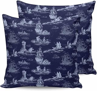 Farm Seaports Maps 2PCS Throw Pillow Covers for Couch Sofa Bed, Vintages Navy Blue Castles Ships Pillow Covers 24x24 inch, Standard Pillowcases Set Decorative Cushion Covers for Living Room Bedroom
