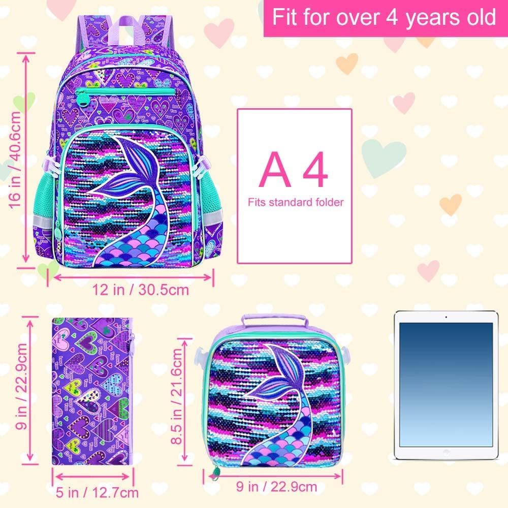 AGSDON 3PCS Mermaid Backpack for Girls, 16" Kids Bookbags Lightweight with Attachable Lunch Box, School Backpack for Kindergarten Elementary