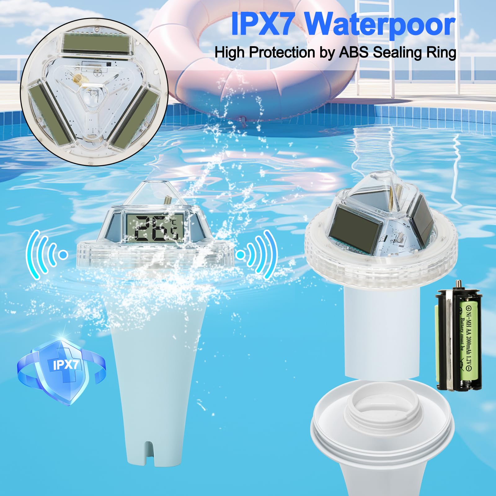 Thermomètre de piscine sans fil rechargeable - WiFi - Avec moniteur de température intérieure et d'humidité - Étanche IP67 - Pour piscines et baignoires