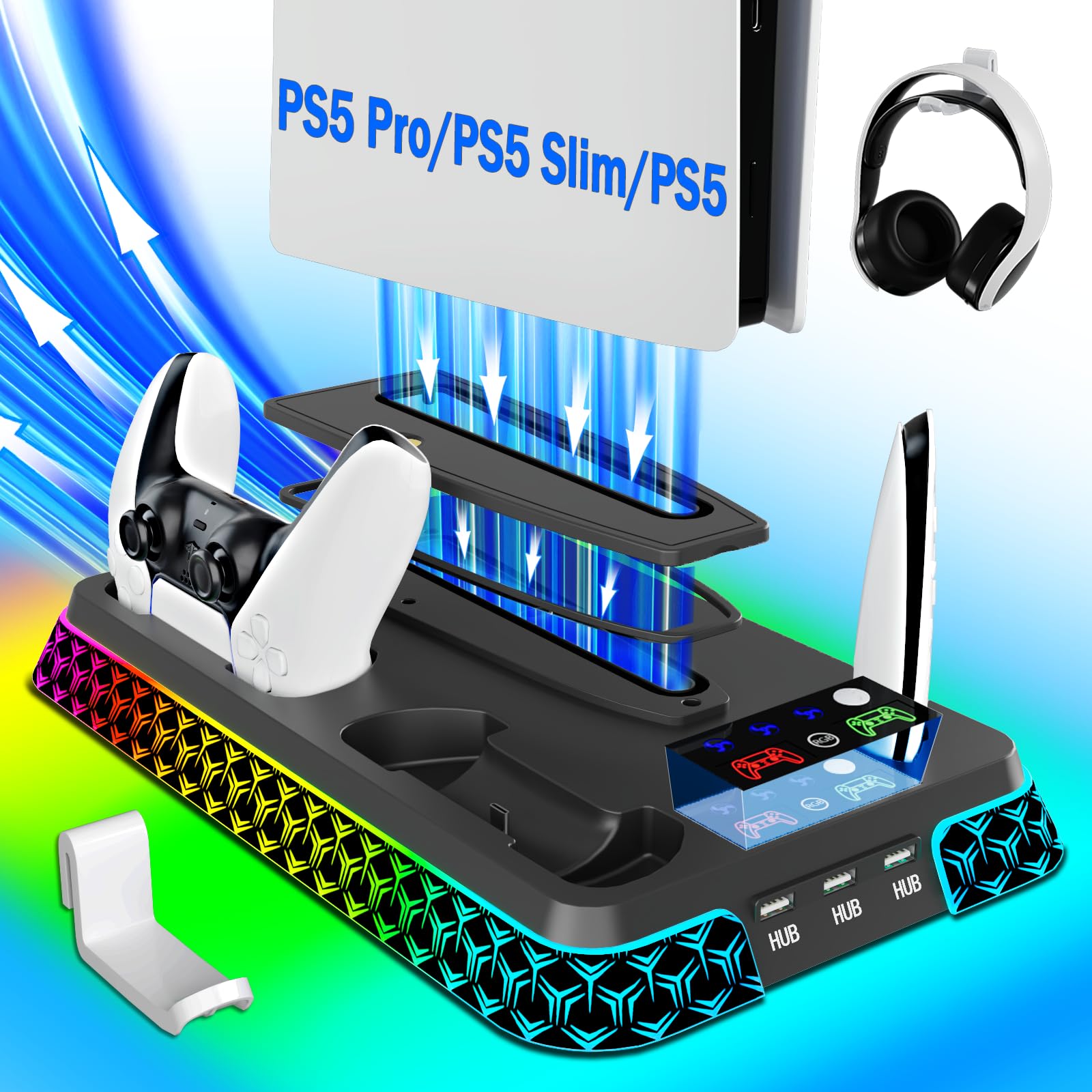 Photo 1 of PS5/Slim/Pro Stand and Cooling Station with LED Controller Charging Station for PlayStation 5 Console,Accessories Incl.Controller Charger,PS5 Cooling Fan,Headset Holder,3 USB Hubs