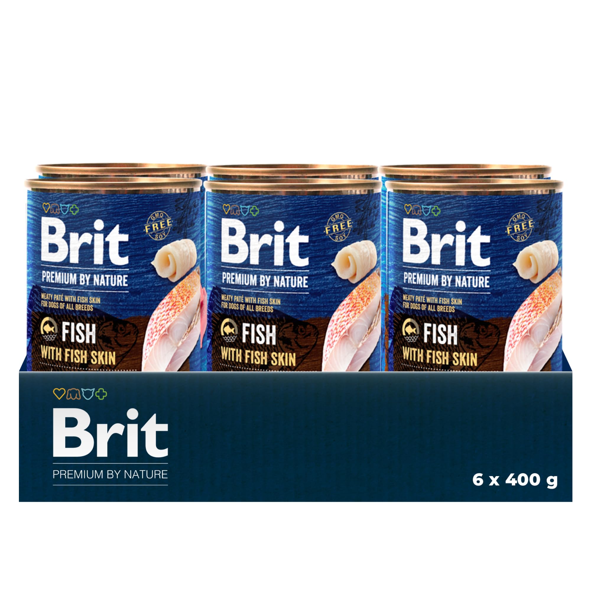 Brit Premium by Nature - Comida húmeda para Perros Adultos, Pescado con Piel de pez, alimento Completo, 6 x 400 g
