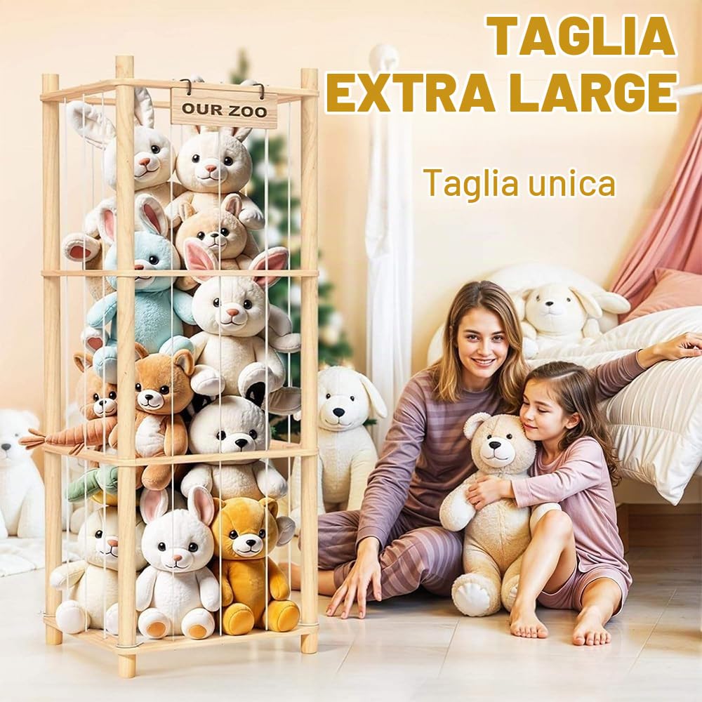 NEWFUN Porta Peluche, Contenitore Porta Giocattoli in Legno, Grande Capienza, Salvaspazio, Adatto per Camerette, Sale Giochi e Camere da Letto