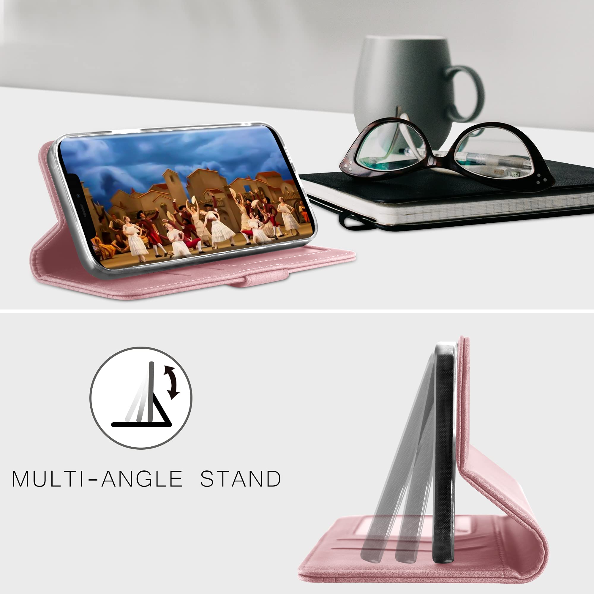 YATWIN Cover Portafoglio Per IPhone 13 Pro Con Vetro Temperato - Pelle Vino Rosso, Funzione Supporto, Blocco RFID E Chiusura Magnetica