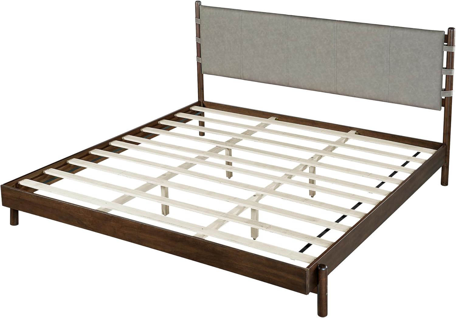 Christopher Knight Home Roach Mid Century Modern King Size Bed Frame, Rubber Wood Platform Bed Frame with Headboard, Easy Assembly, No Box Spring Needed, Upholstered Headboard, Light Gray + Walnut