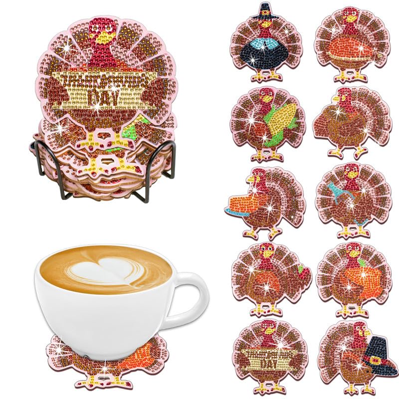 egjxal 10PCS Thanksgiving Turkey-Diamond Painting Coasters with Holder, DIY Boho Coasters for Any Drink Coffee Backer, Diamond Arts Painting Kits for Beginners, Adults Crafts Supplies