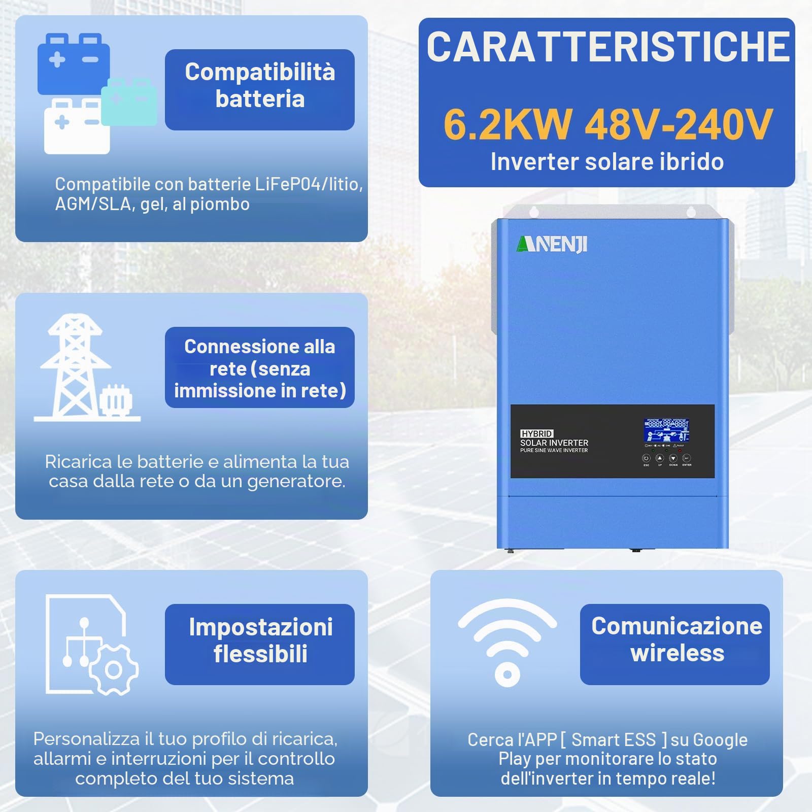 6200W Inverter Ibrido 48V Inverter Fotovoltaico a Onda Sinusoidale Pura, MPPT da 120A Tensione di Ingresso Fotovoltaica Massima di 500V, Adatto Per Batterie al litio da 48V, con Modulo WiFi