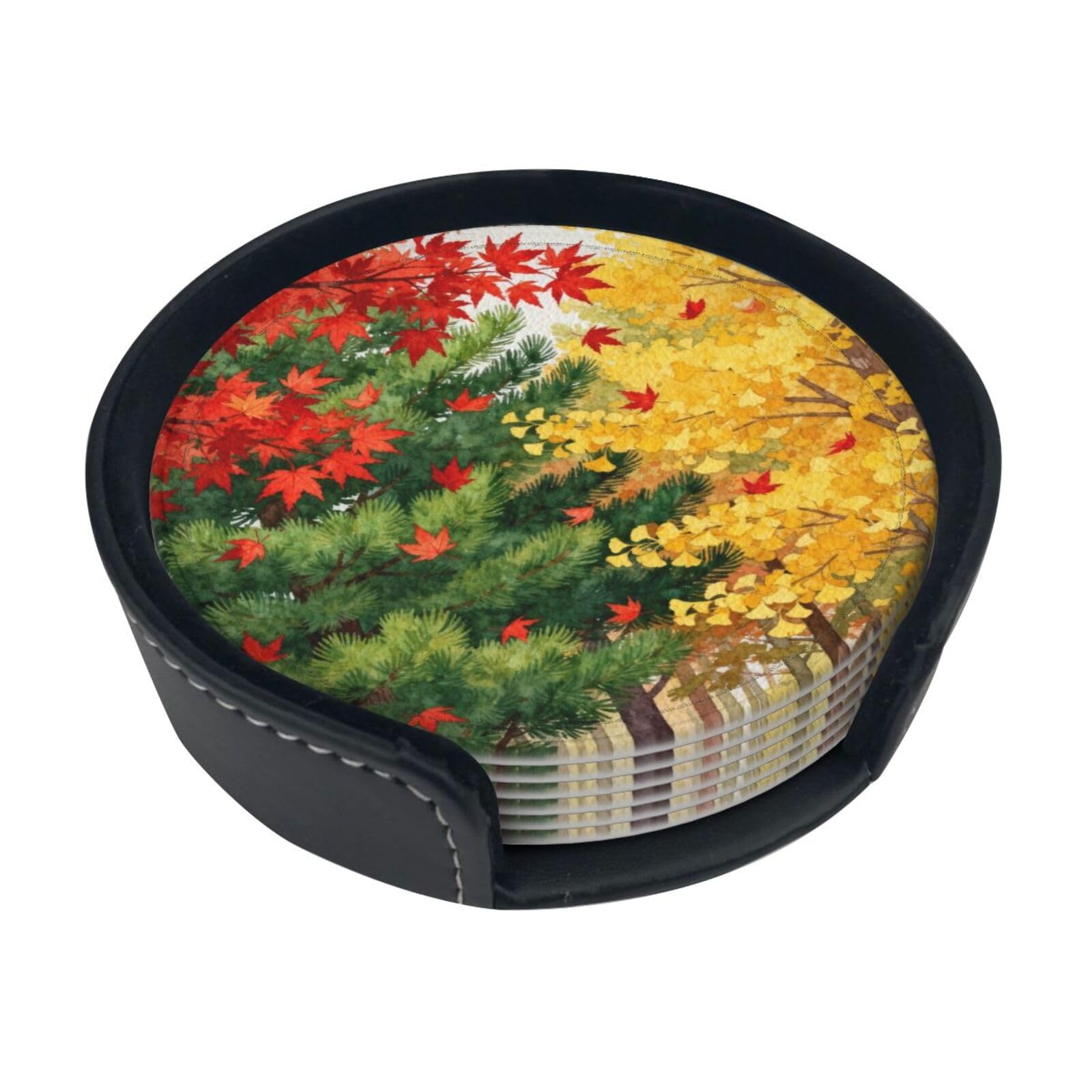 Cntdbu White Pine Fall Leather Coasters Set Of 6-Pu Leather Drink Mats For Table, Heat Resistant Round Coasters With Holder