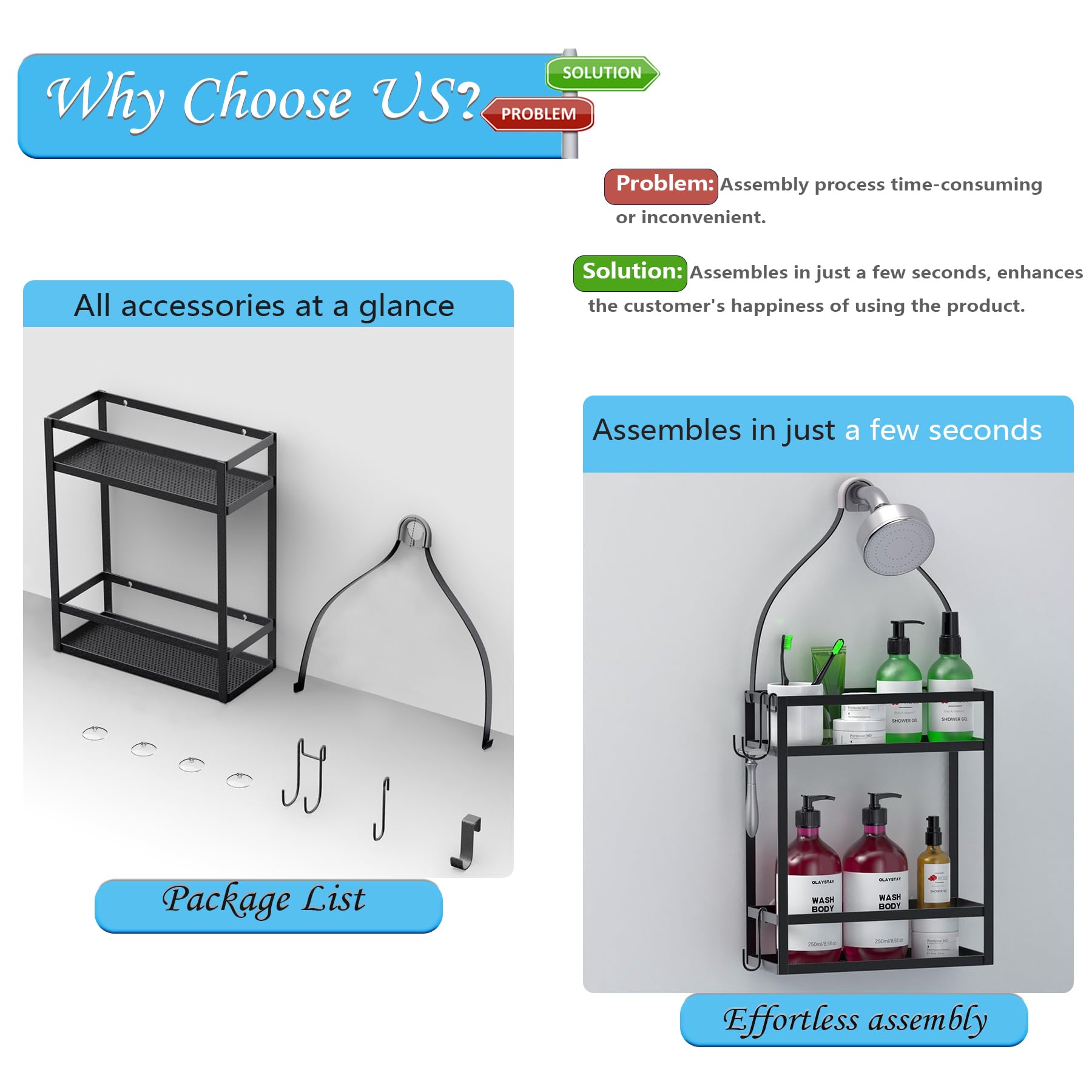 Meangood Organizer per doccia, montaggio su soffione o porta, spazio extra ampio per shampoo, balsamo e sapone con ganci per rasoi e altro, 26,7 x 11,4 x 56,9 cm, nero mentale