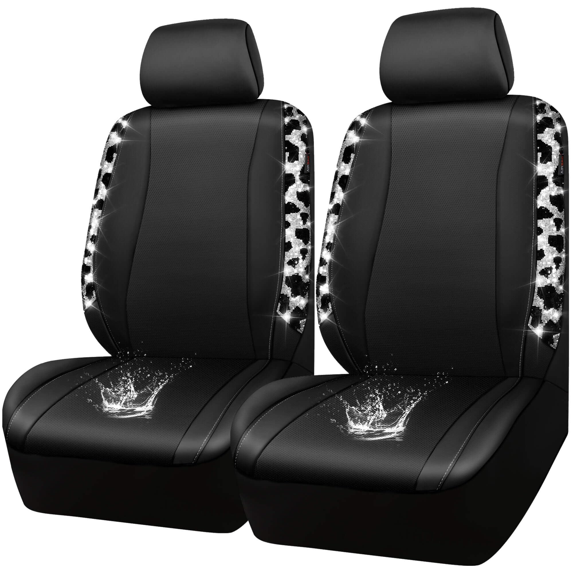 CAR PASS Cow Diamond Leather Bling Car Seat Covers Universal, Faux Shining Rhinestones Two Front only, Fit 95% Automotive Glitter Crystal Sparkle Strips for Cute Women Girl, 2PCS Cow Silver Diamond