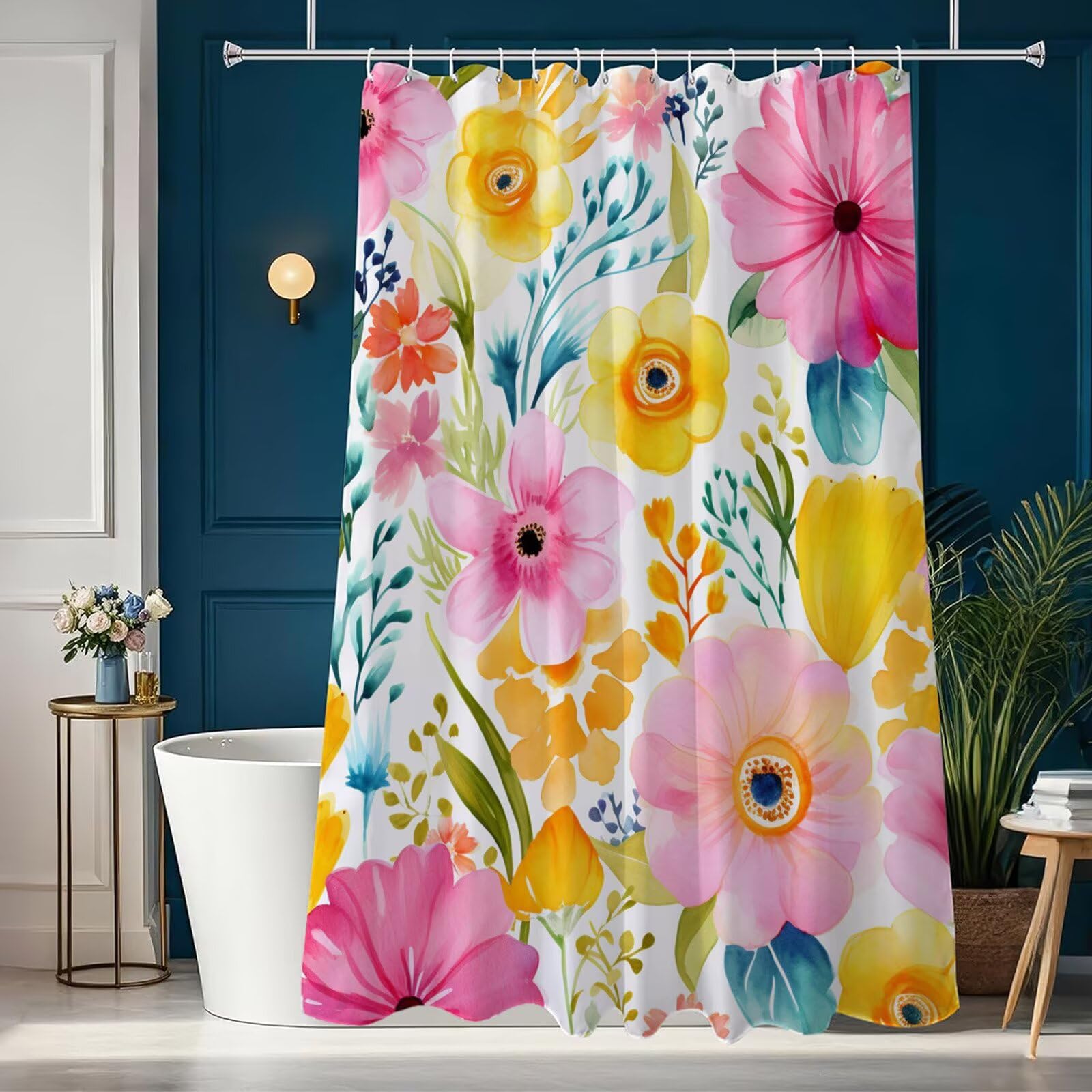 Duschvorhang 200x240 cm Anti Schimmel - Rosa Design - Wasserdicht & Waschbar Schnelltrocknender Polyester Stoff - Inkl. 12 Ringe und Gewicht Shower Curtain für Badezimmer Dusche Badewanne, Gelb J8-169
