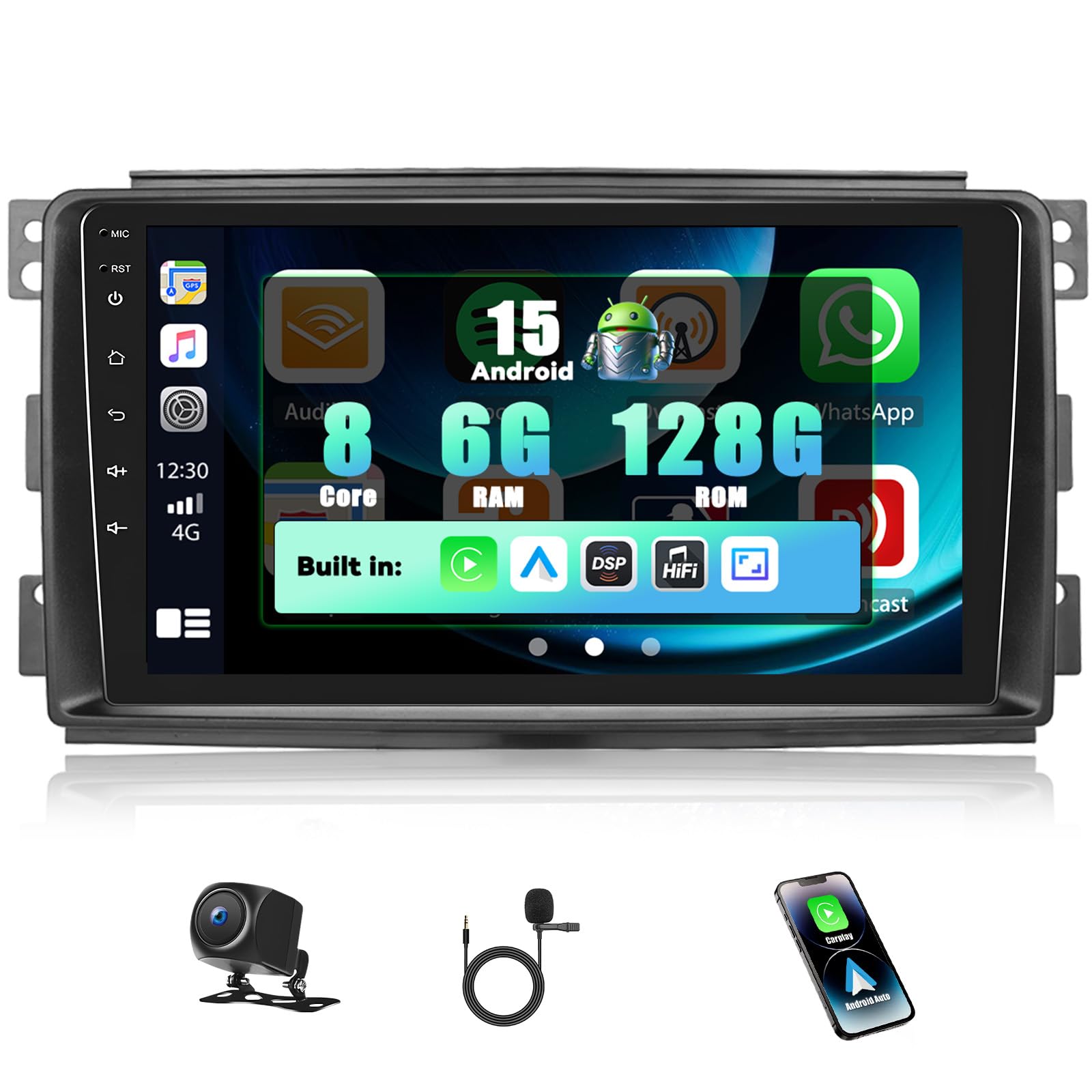SIXWIN 8 Core 6+128G Android 15 Autoradio für Mercedes Benz Smart Fortwo 2005-2010 mit Carplay/Android Auto/DSP,9'' Touchscreen Radio mit WiFi/GPS/Bluetooth/FM/RDS/32EQ/Lenkradsteuerung+Rückfahrkamera