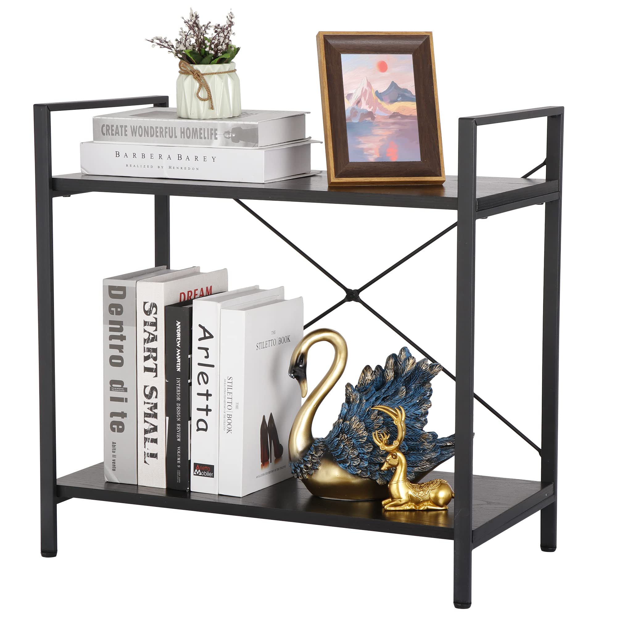 Nouva Small Bookshelf for Small Space 2 Tier Industrial Bookcase Wood and Metal Bookshelves Open Shelf for Bedroom
