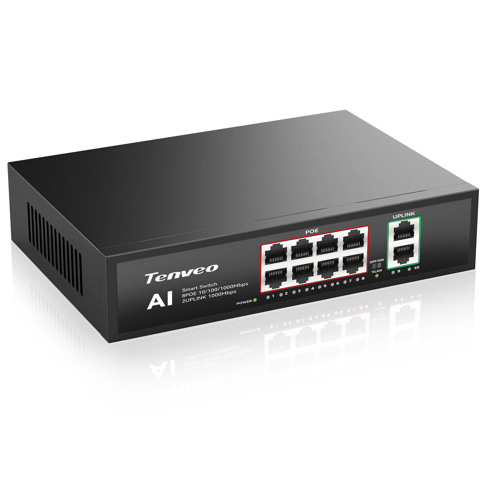 Tenveo Switch PoE 8 Porte Full Gigabit, 8 Porte PoE+ @120W, 2 Porte Uplink, Plug & Play, Supporto VLAN, Alimentazione 802.3af/at 120W, Switch di Rete Professionale AI Smart per Live Streaming