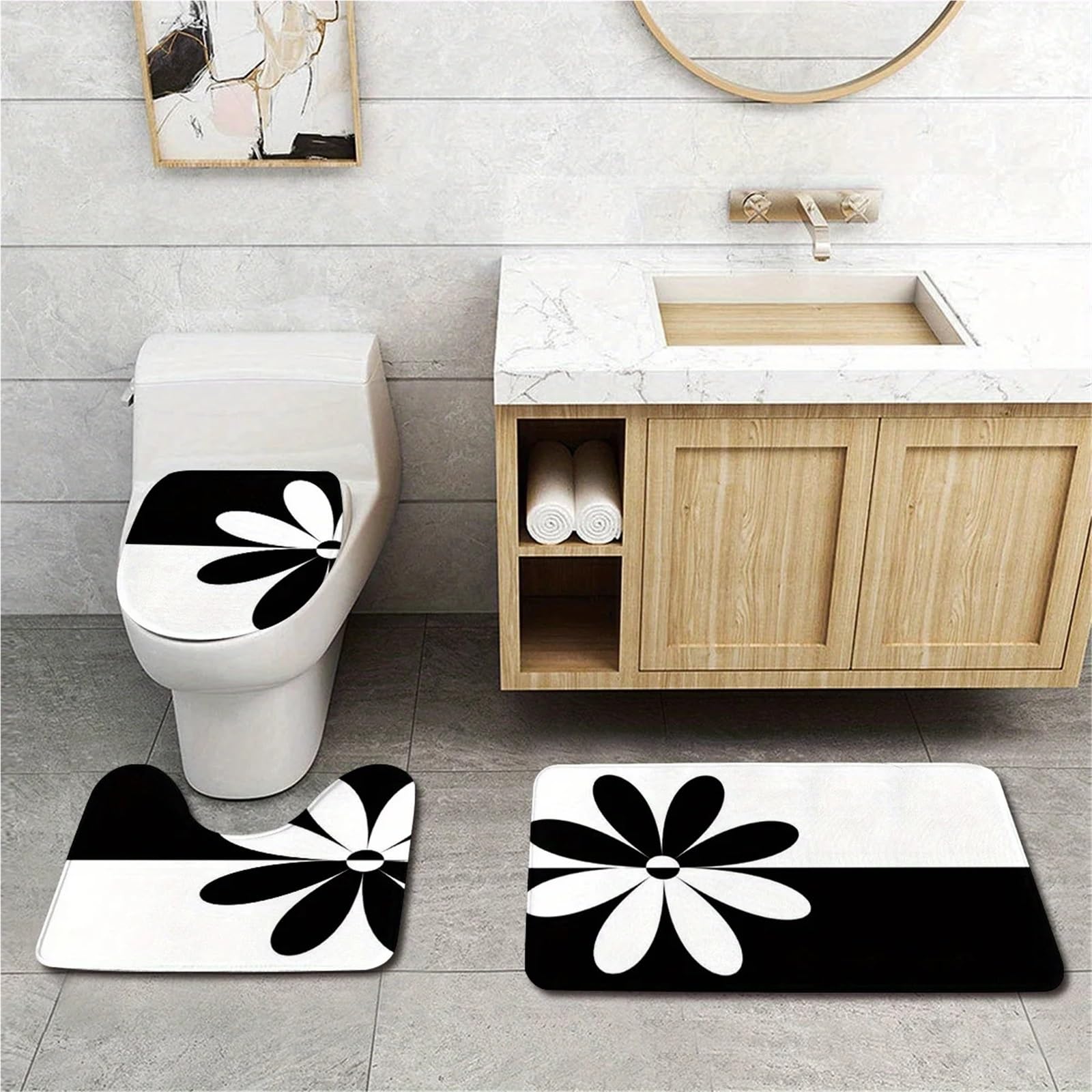 Tapis de Bain Ensemble 3 pièces avec Motif Floral à la Mode