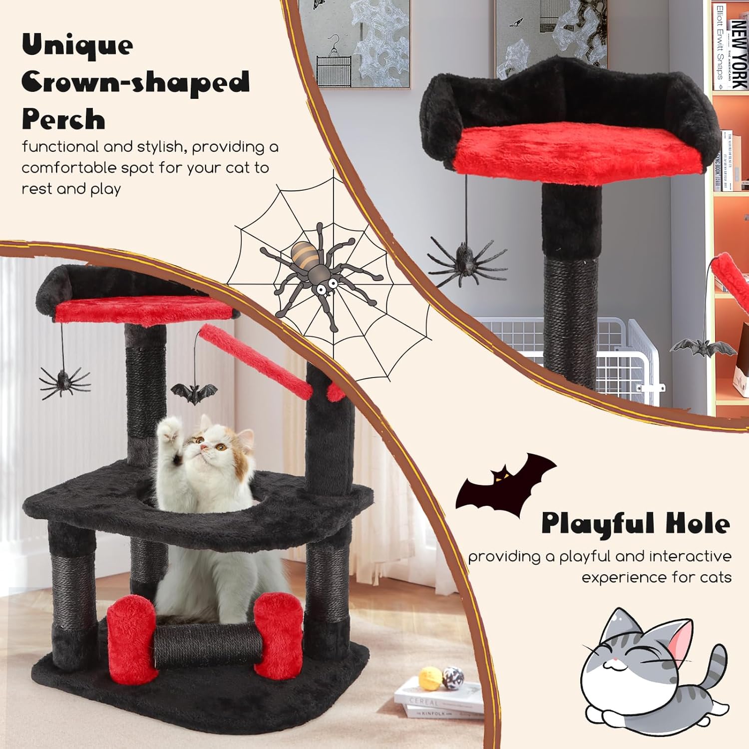 Nobleza Gothic Cat Tree with Coffin Bed, 24.4" Halloween Black Goth Cat Tree Tower for Indoor Cats, Spooky Cat Tree Stand Climber Pole with Hanging Spiders Bats for Kitten, Black Red, Small