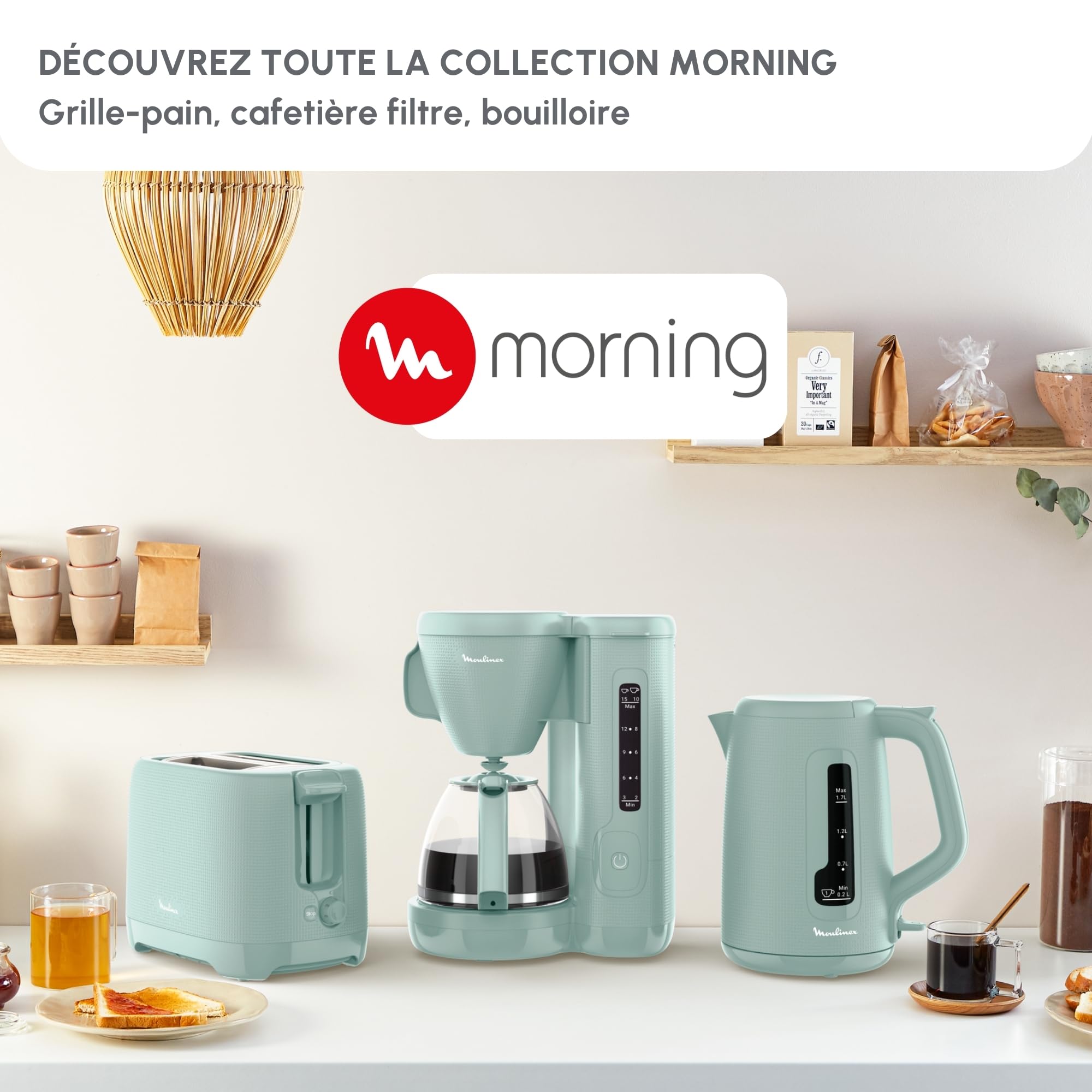 Moulinex Przelewowy ekspres do kawy, 10-15 filiżanek, 1,25 l, obrotowy uchwyt filtra, system zapobiegający kapaniu, utrzymywanie ciepła, Morning, eukaliptus, FG2M1310