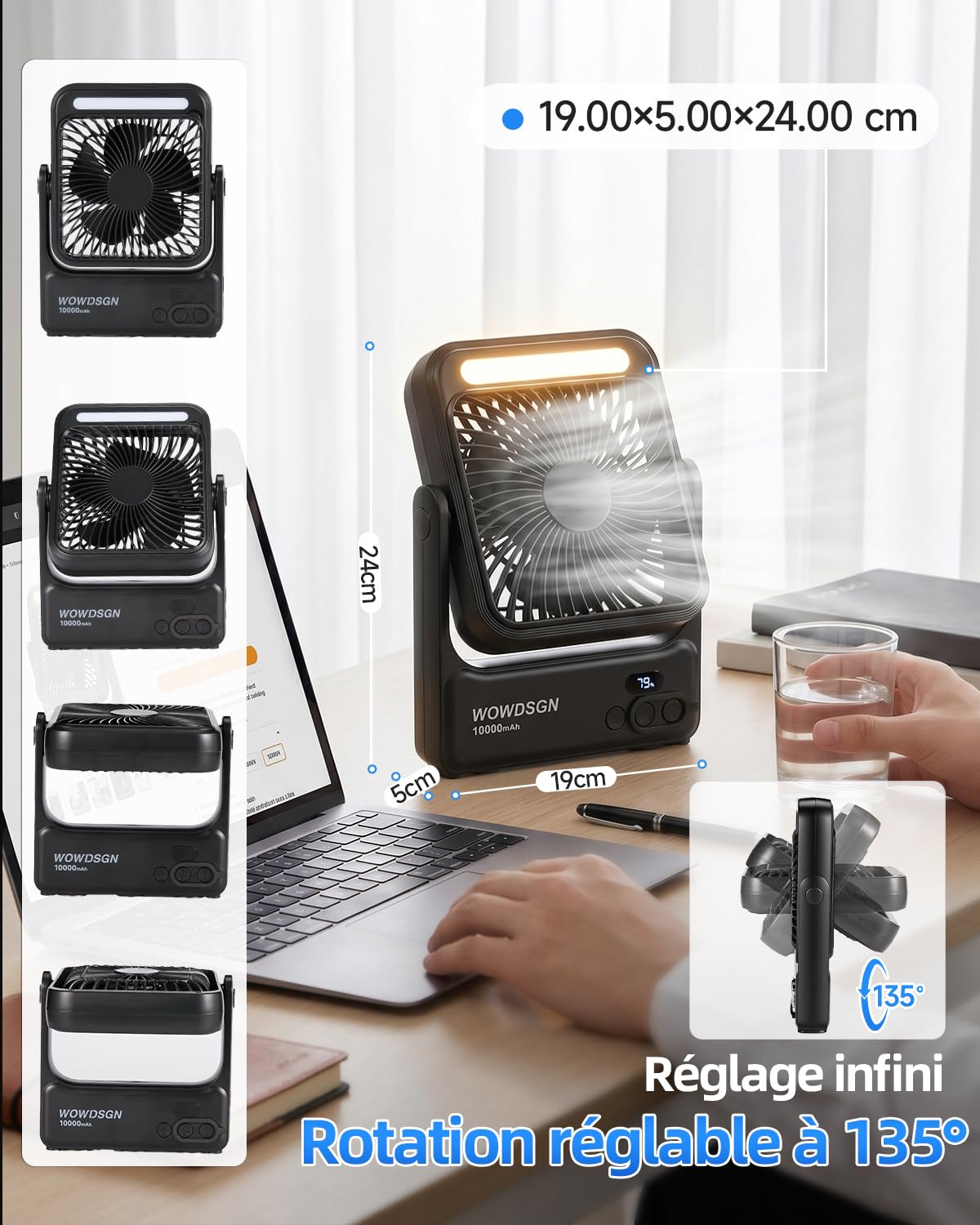 WOWDSGN Ventilateur portable, 10000 mAh Rechargeable Batterie, avec Télécommande, Fixation Magnétique et Suspendue, 4 Vitesses, Timing, Rotation 135°, Pour Camping, Bureau (Noir, Éclairage LED)