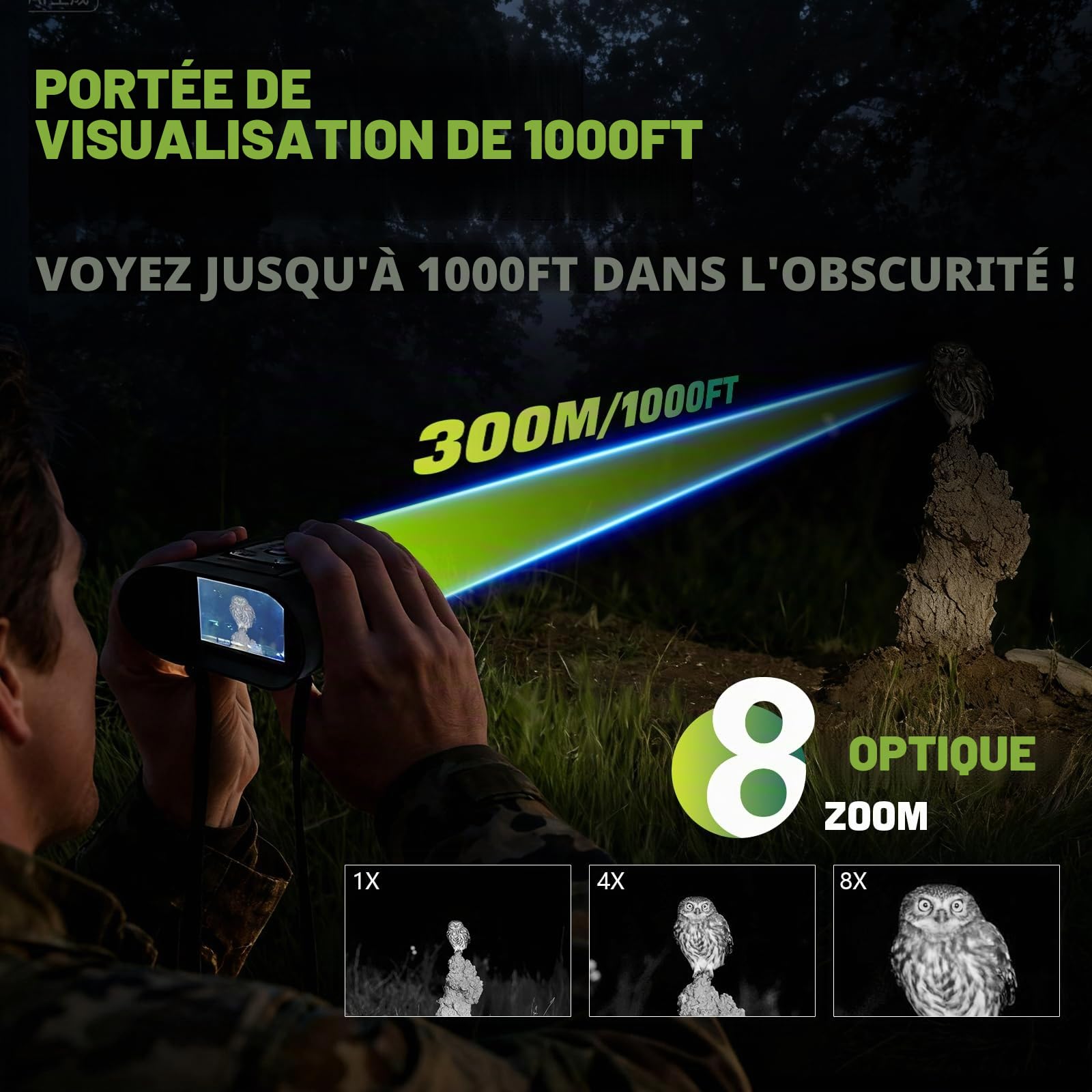 Jumelle Vision Nocturne 4K 48MP, Portée de Vision 300m, IR Réglable à 7 Niveaux, Zoom Numérique 8X, Écran HD 2,4’’ pour Chasse, Camping et Observation de la Faune