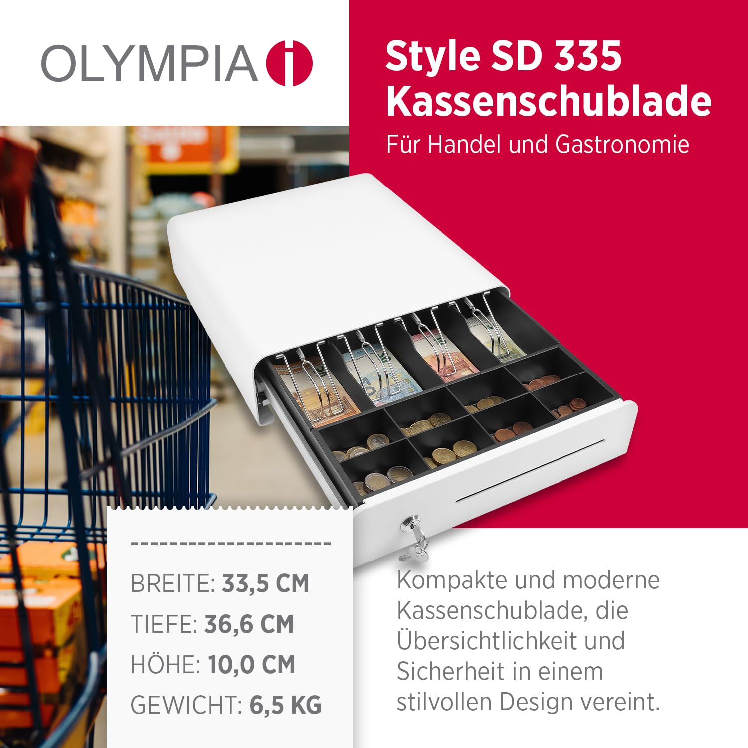 OLYMPIA Style SD 335 Tiroir-caisse en métal massif | Base pour caisse enregistreuse | Tiroir caisse avec 8 compartiments pour pièces et 4 compartiments à billets | Tiroir-caisse avec serrure et