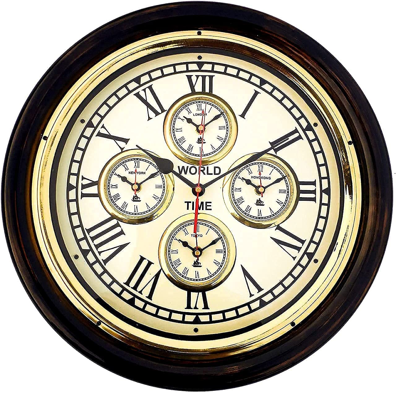 Delight Enterprises Wooden 5 Time Wall Clock World Clock Brass Round Art Unique Antique Style for Home Decore Brown 16 inch