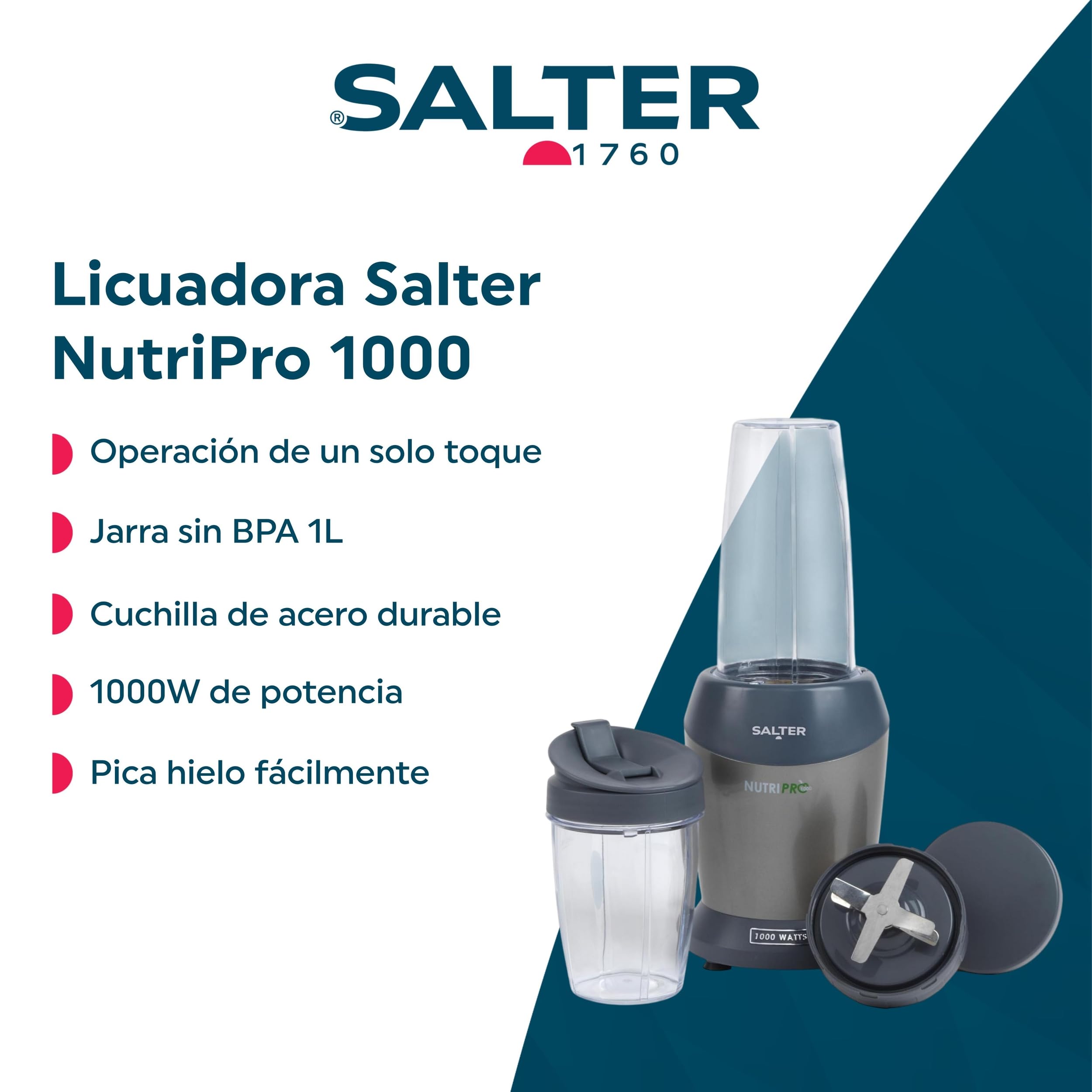 Salter Licuadora NutriPro 1000 – Batidora portátil, Exprimidor saludable, Extractor de nutrientes, 2 tazas de viaje (800 ml/1 L), Sopas, Cuchilla de acero inoxidable, 1000 W | Libre de BPA, hoja de acero inoxidable, control de 1 tecla, tapa bloqueable, 2