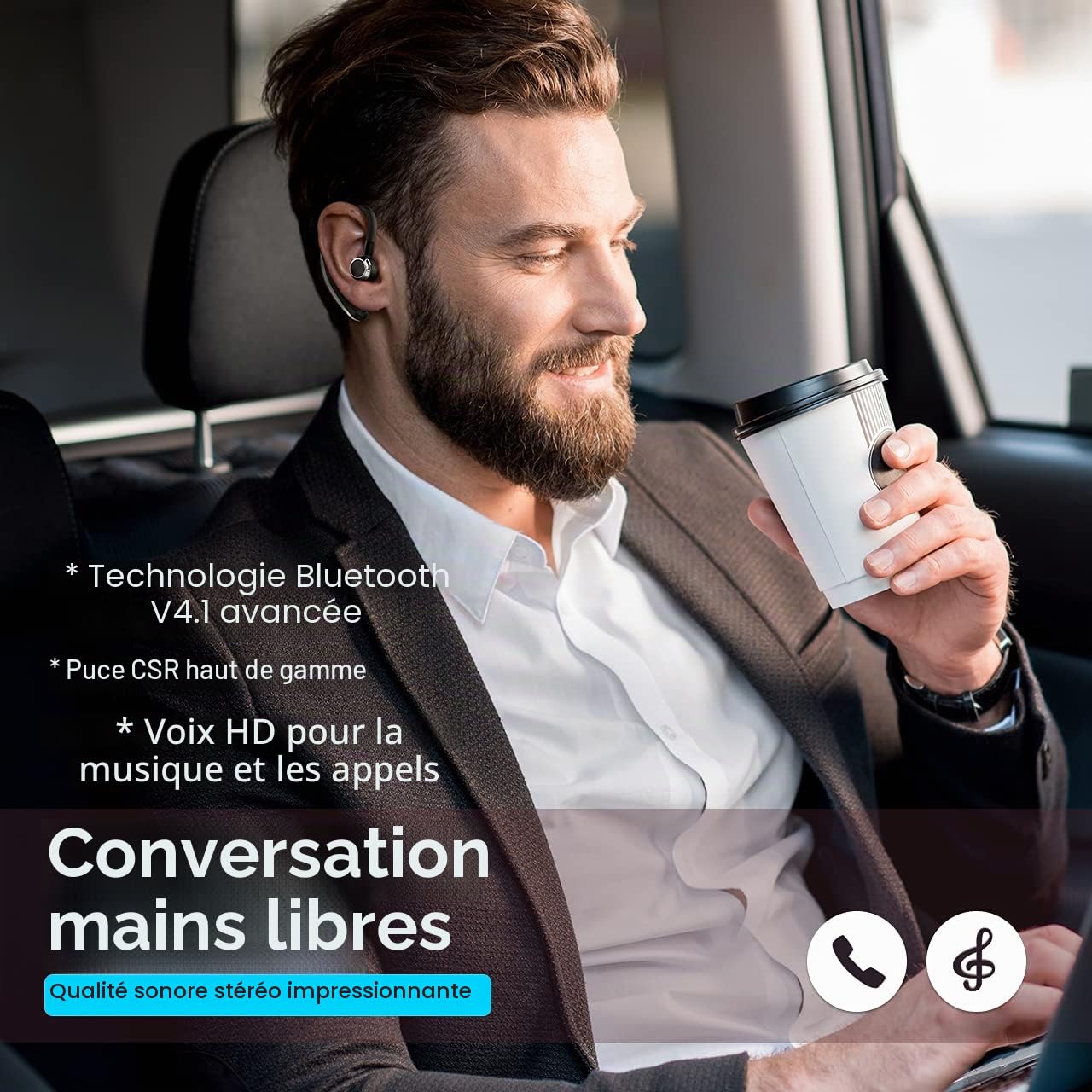Oreillette Bluetooth 4.1 sans Fil en Voiture Kit d'oreillette Bluetooth avec Microphone Réduction du Bruit d'appel CVC 6.0, 280H d'Autonomie Casque d'écoute sans Fil, pour Bureau/Conduite (Sliver)
