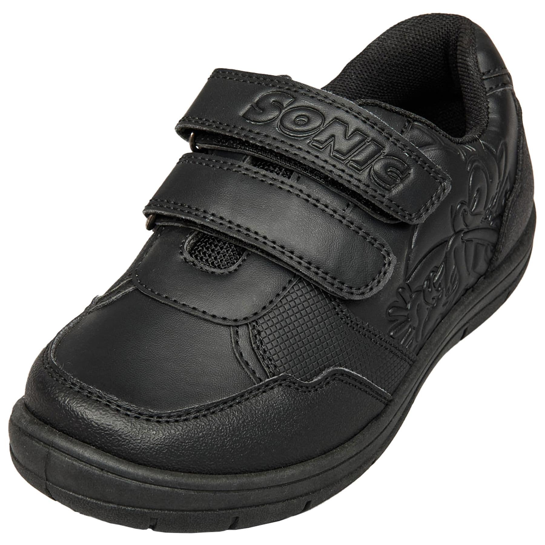 SONIC THE HEDGEHOG Zapatos escolares para niños con licencia oficial con correa de velcro negro con diseño sónico en relieve, suela antideslizante, acolchada, cómoda, duradera, construcción del Reino