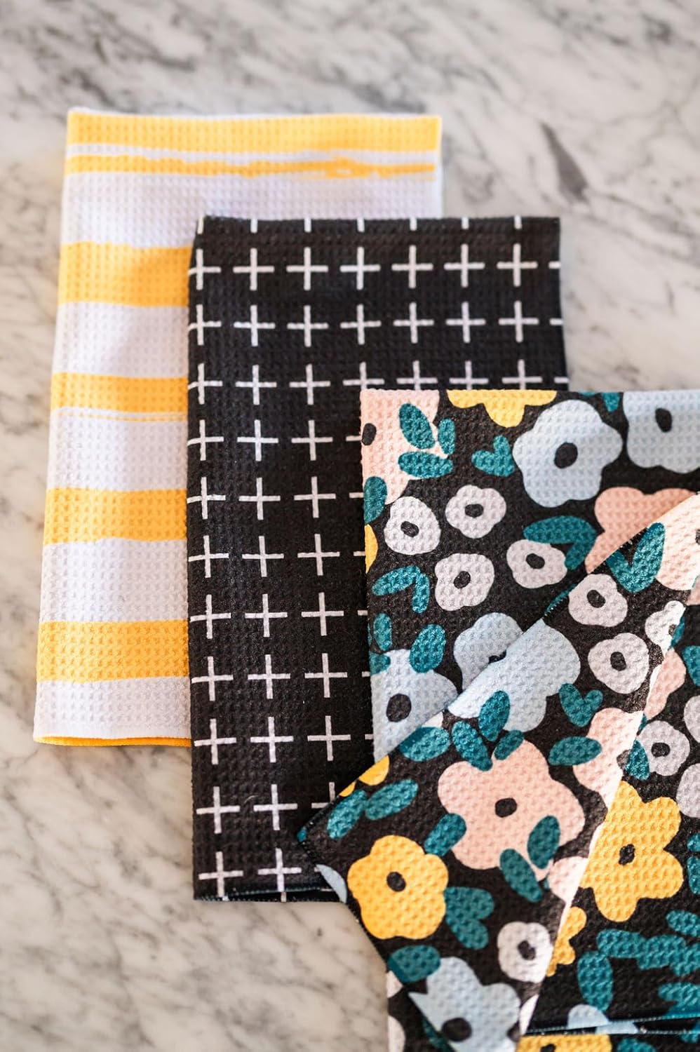 || 3 Pack|| Double Sided || Not Your Ordinary Dish Towels || Waffle Weave Microfiber || Highly Absorbent || Hanging Loop || Dish Cloths || Modern || Designer Prints|| Black and Yellow - Image 4