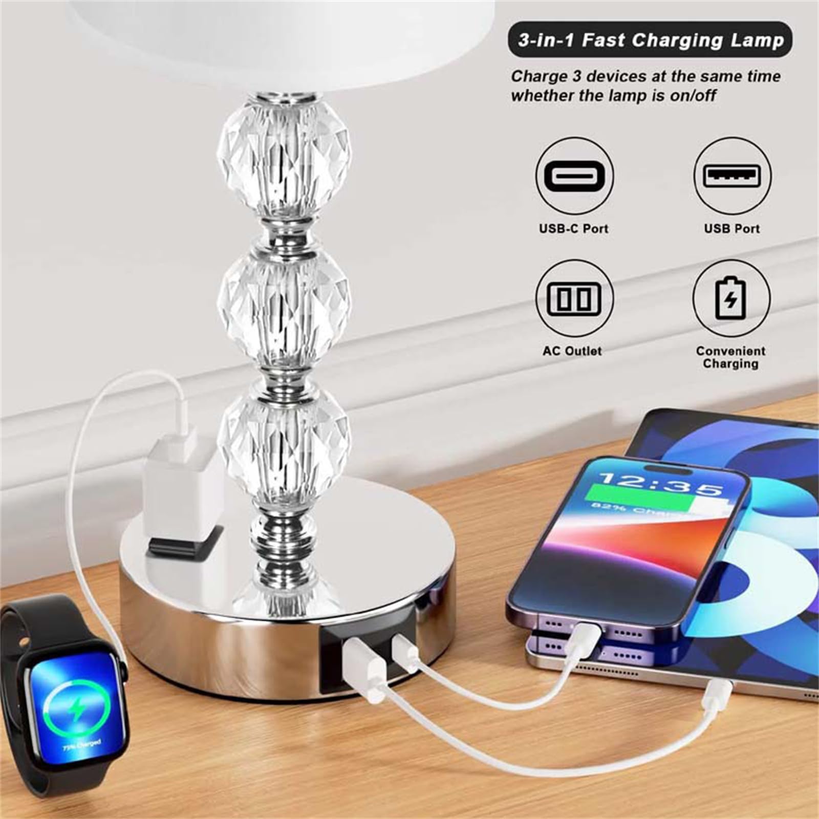 Lampada da Tavolo con Porte Ricarica USB C+A & Presa CA Lampada da Scrittoio Cristall Touch Dimmerabile Lampada da Comodino con Lampadina Paralume Illuminazione da Tavolo per Ufficio (A,1 Pezzi)