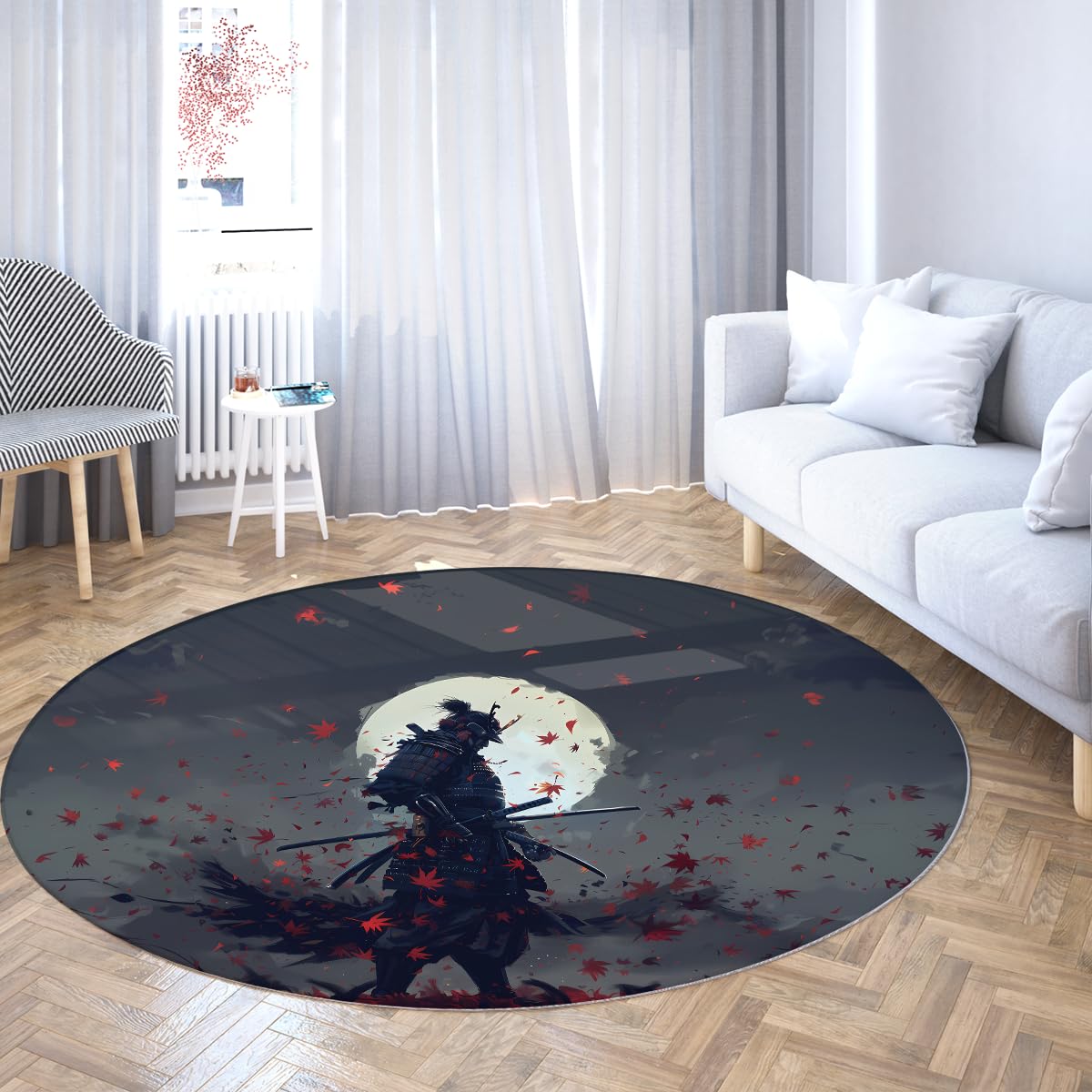 Okrągły dywan do salonu 120 cm (okrągły) dywaniki japoński klon wojownik samuraj zmywalny opadające liście w świetle księżyca cienki dywan do sypialni pod stołem jadalnym