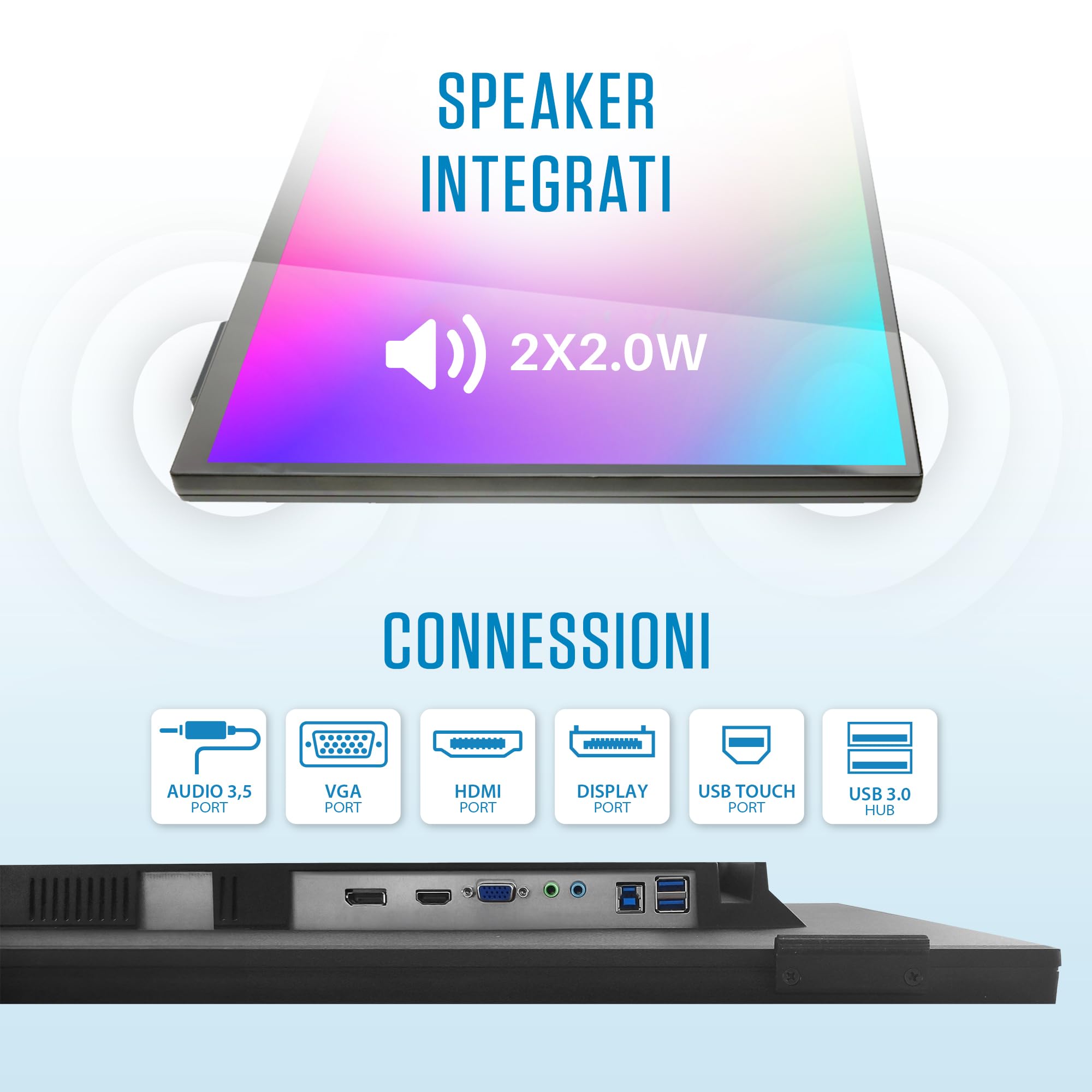 Atlantis A05-T22A-VHDM Monitor Touch 22 pollici, schermo 22", Touchscreen 10 tocchi, Full HD 1920x1080, HDMI VGA DP, inclinabile 15°-50°, Vetro Protettivo 7H, Contrasto 1000:1,Angolo 178/178,Vesa 100
