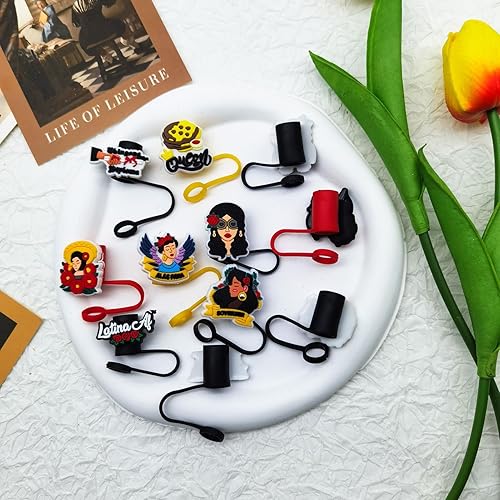 Miniatura 8 de 7 piezas de paja de vaca cubierta de paja de silicona para vasos, pajitas reutilizables, lindas puntas de paja cubierta