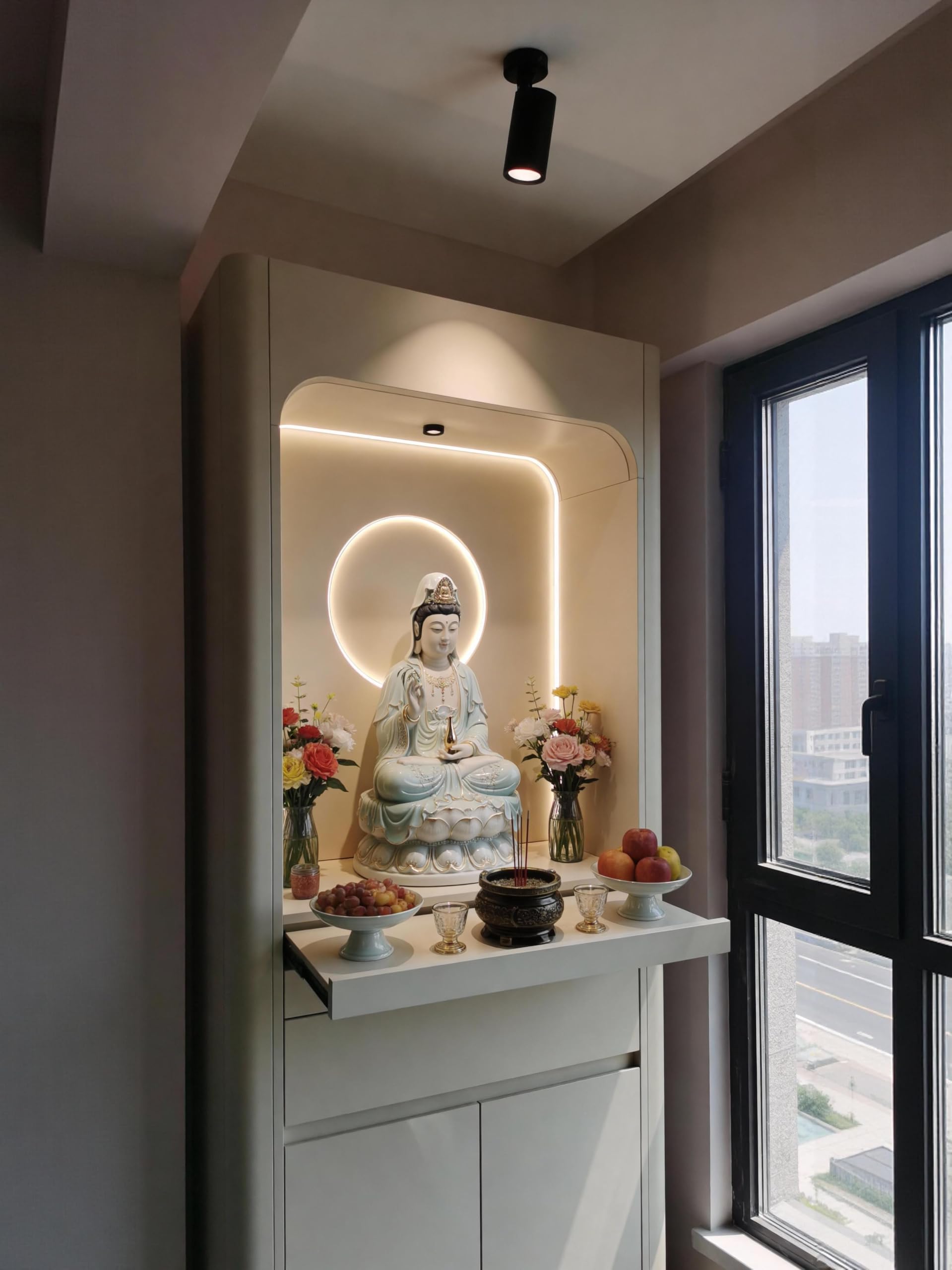 Tavola d'altare Cinese Moderno armadietto da Altare con nicchia a LED, consolle for santuario in Legno massello