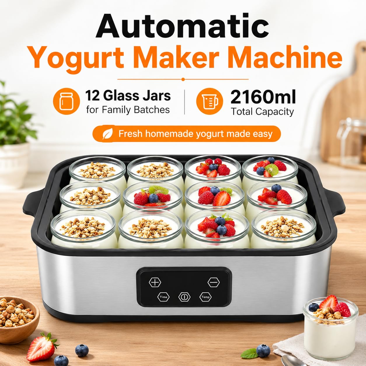 Yogurtera automática con 12 tarros - Máquina eléctrica para Hacer Yogur de 2160 ml, Control de Tiempo y Temperatura Ajustable de 48 Horas, para Postre de Yogur casero Fresco