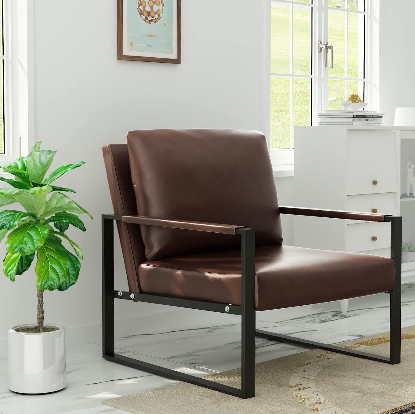 AWQM Modern PU Leather Accent Chair Arm Chair with Extra-Thick Padded Backrest and Seat Cushion Sofa Chairs for Living Room Bedroom, 105 Degree Slant Back, Non-Slip Adsorption Feet-Brown（Set of 1）