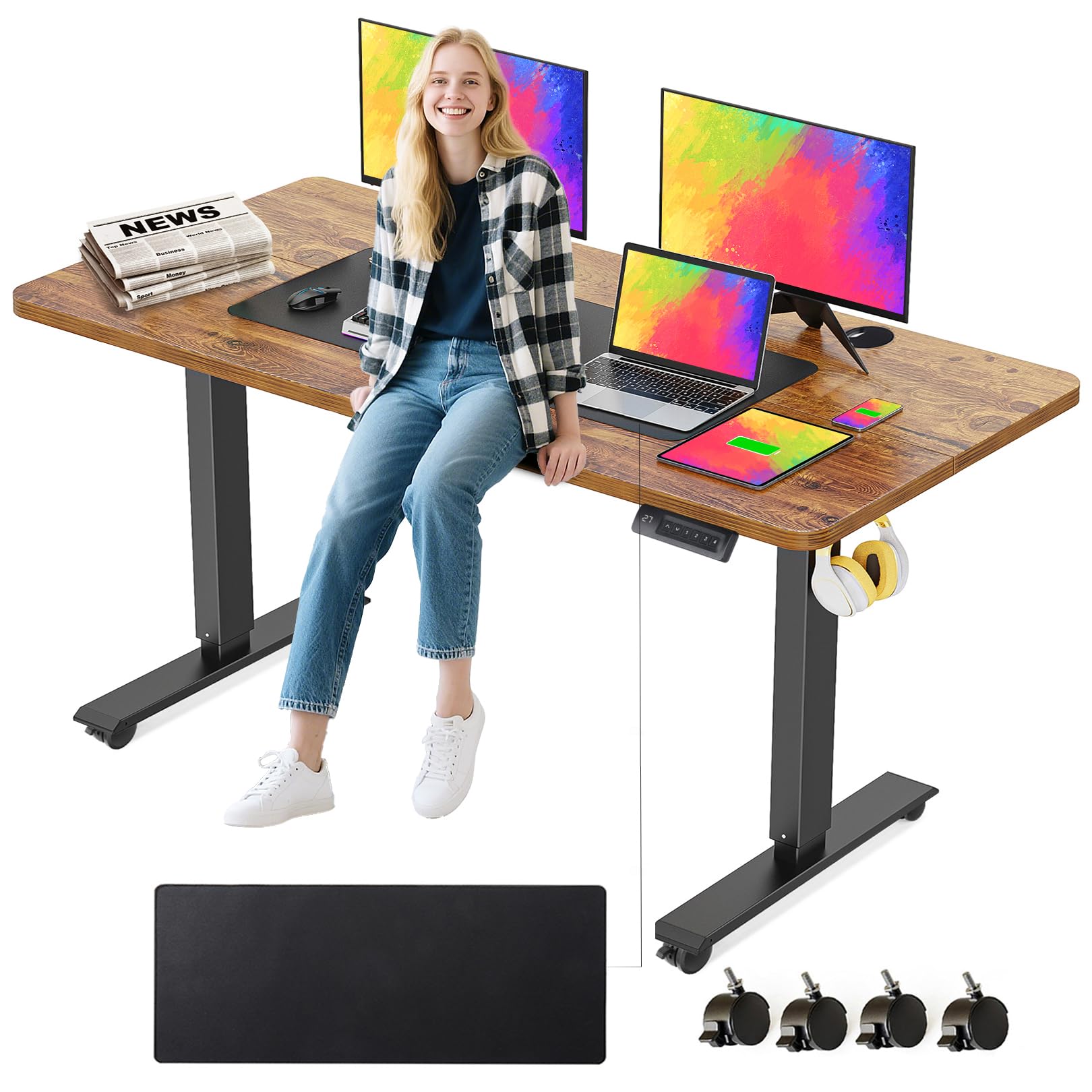Legooin 55 x 24 in Electric Standing Desk Adjustable Height, Sit Stand Home Office Rolling Computer Desk with 35 x16 in Mouse Pad, Wheels and Hooks，27