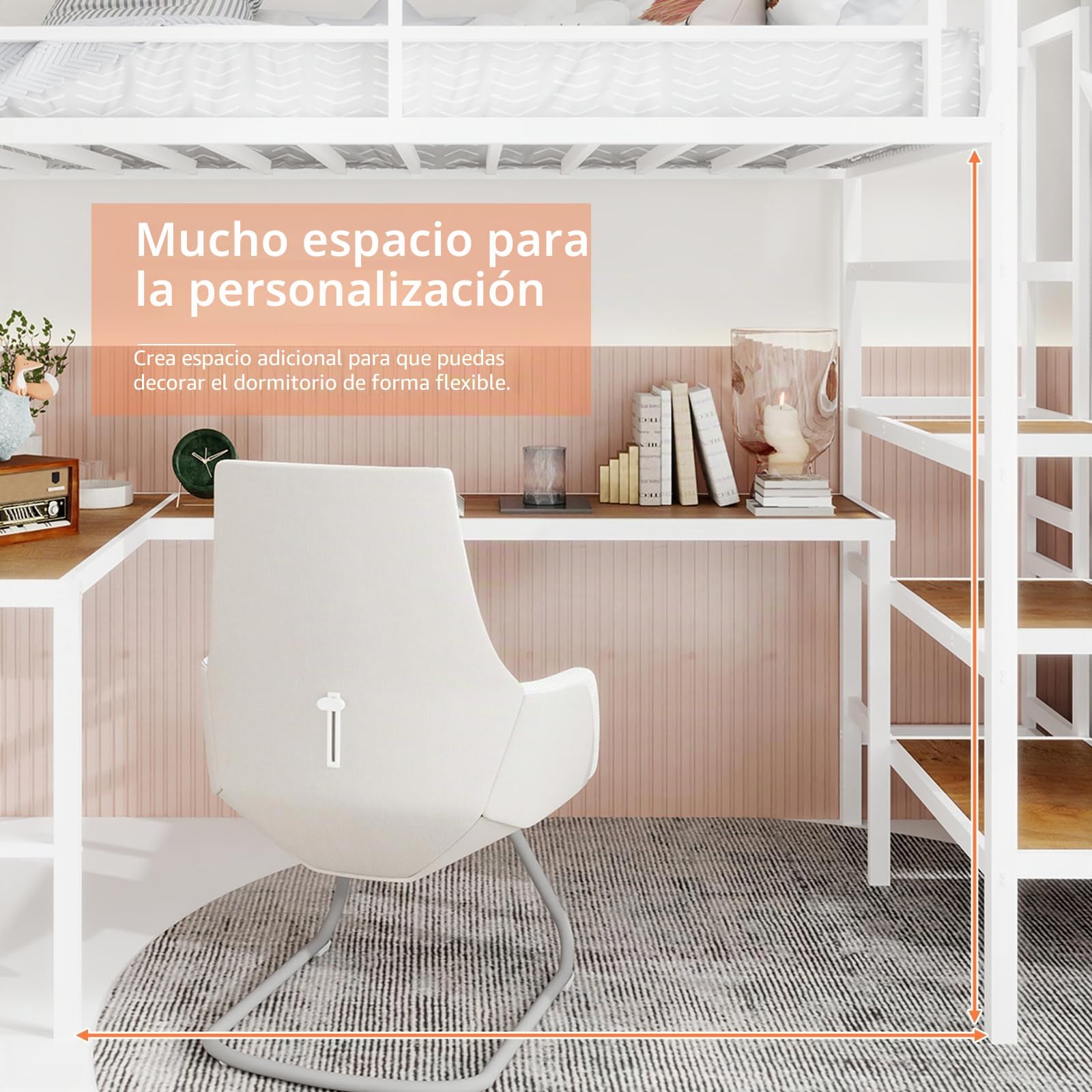Cama alta de metal 90 x 190 cm, con escritorio, escalera con amplio espacio de almacenamiento y compartimentos, barandilla de seguridad, color blanco (sin colchón)