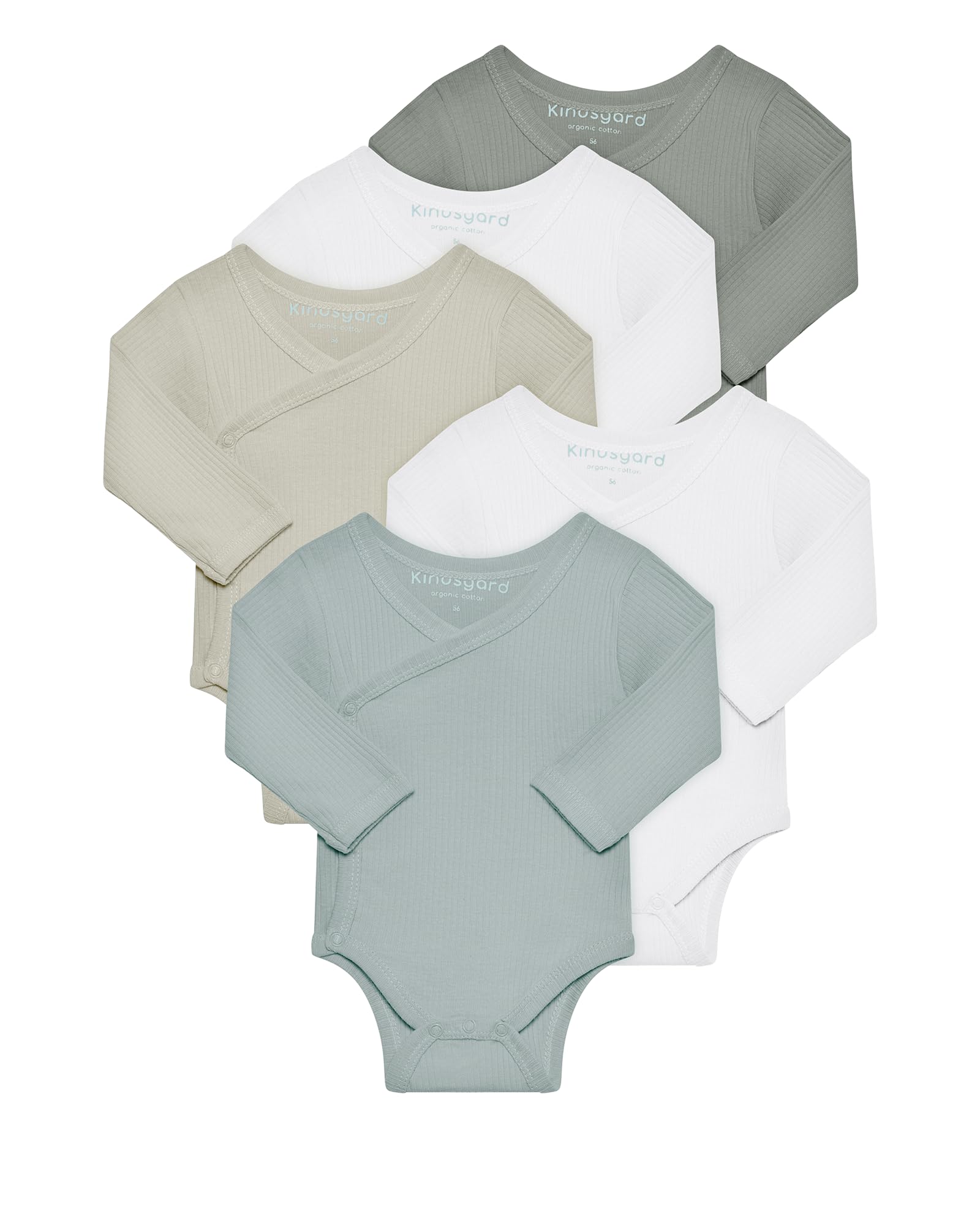 Kindsgard Wickelbody langarm „trunder“ – Grün 68 – 5er-Pack aus Ripp-Baumwolle – OEKO-TEX zertifiziert – weich, dehnbar & bequem – unisex Baby Body mit Druckknöpfen