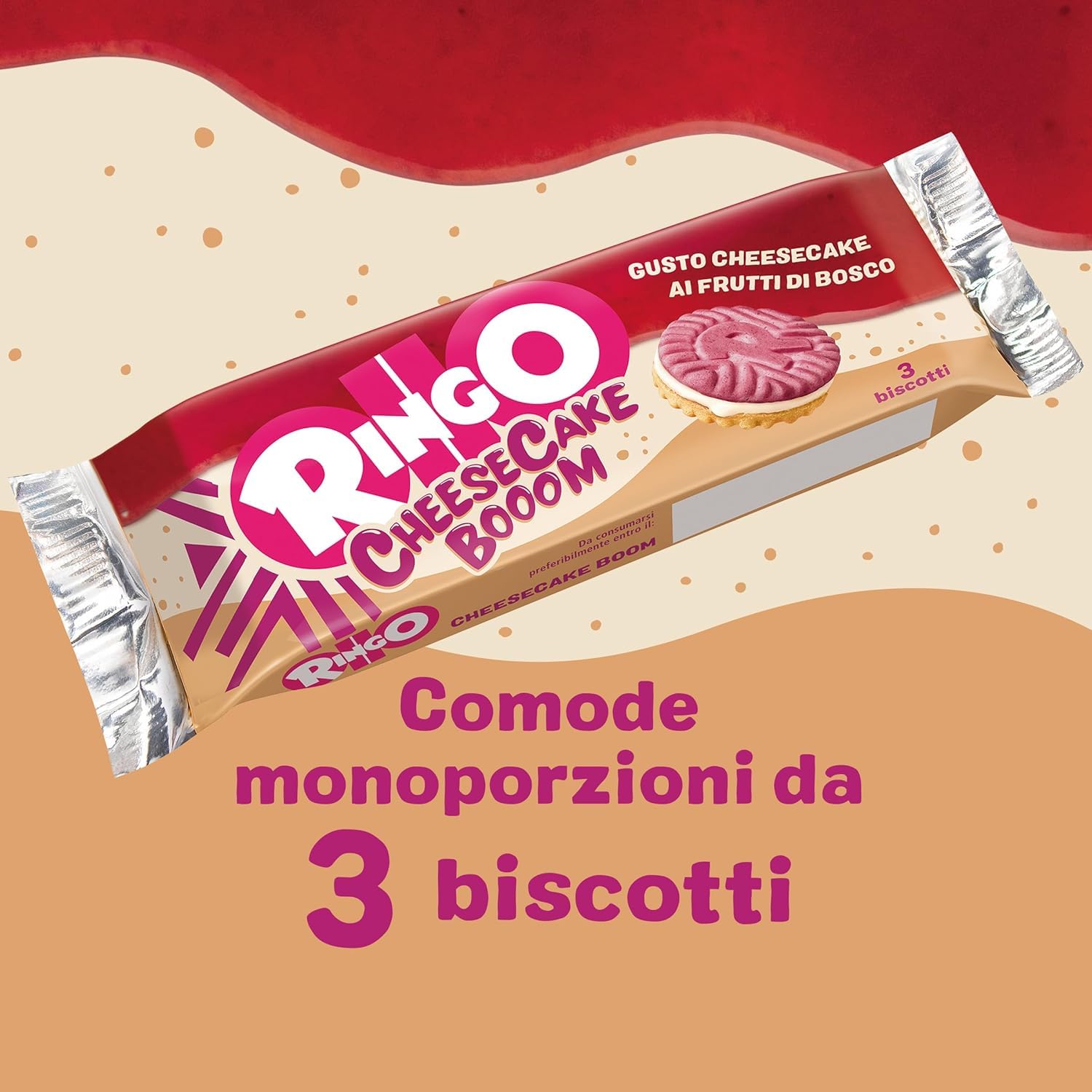 Pavesi Snack Ringo Cheesecake Booom, Biscotti Farciti con Crema Dolce al Formaggio e Biscotti ai Frutti di Bosco e Malto d'Orzo, Snack per Merenda o Pausa Studio, Espositore da 42 Monoporzioni